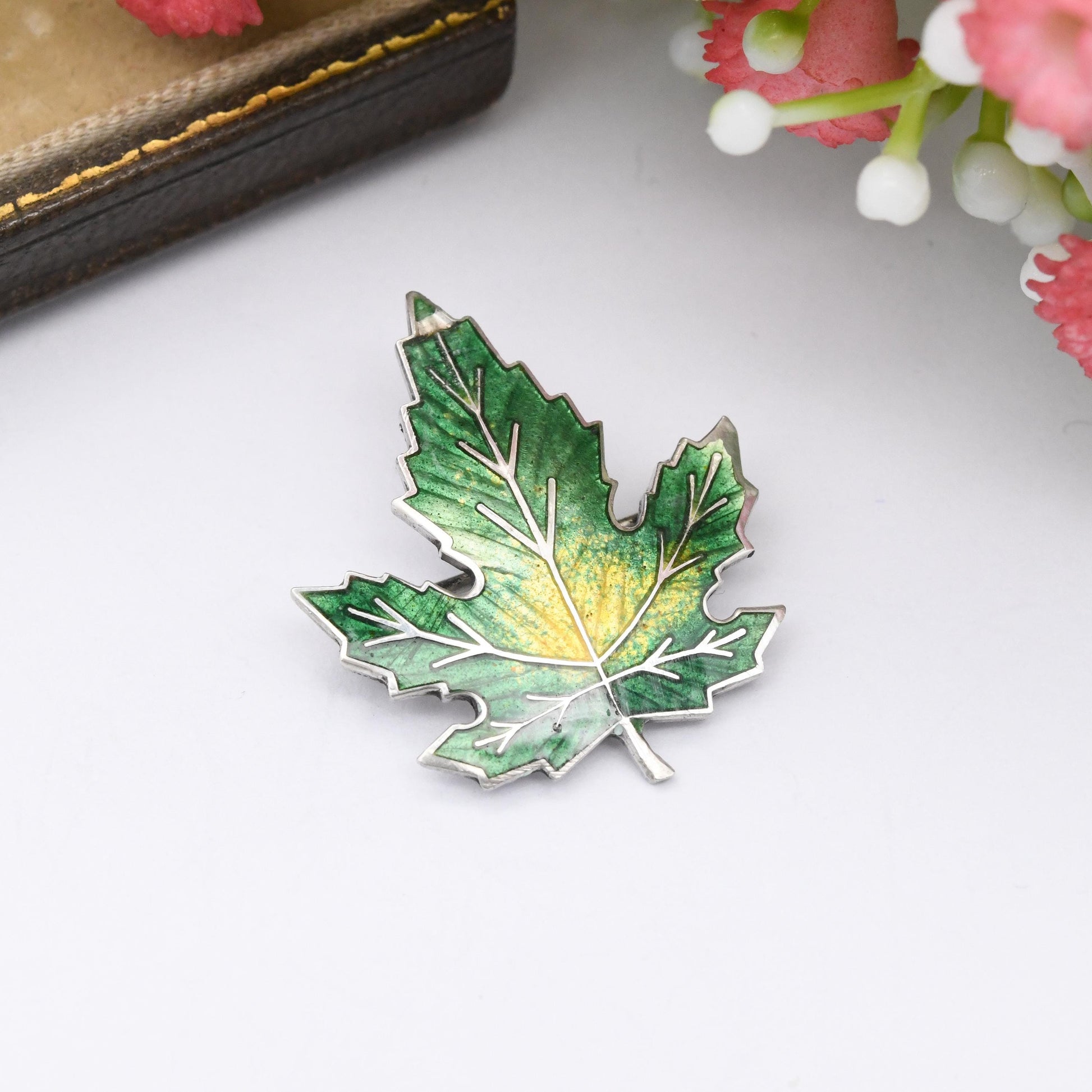 Vintage Sterling Silver Canada Maple Leaf Brooch Green Enamel - Green to Yellow Enamel Gradient Autumnal Leaf Design