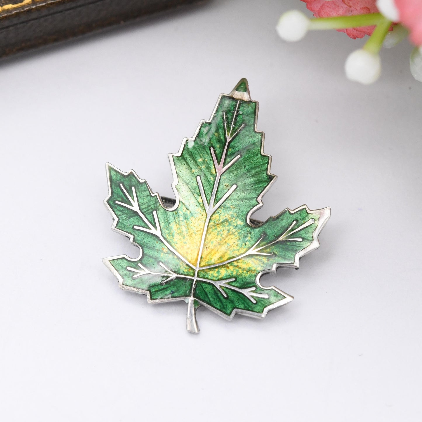 Vintage Sterling Silver Canada Maple Leaf Brooch Green Enamel - Green to Yellow Enamel Gradient Autumnal Leaf Design