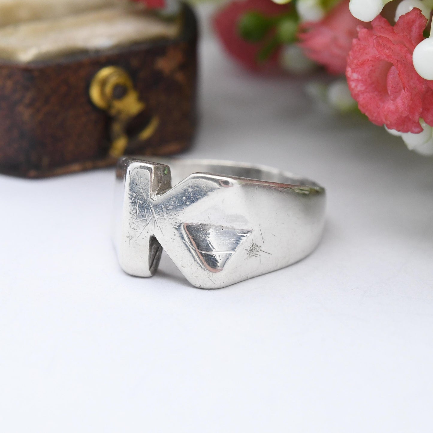 Vintage Sterling Silver Letter K Signet Ring 1976 - Mid-Century Chunky Unisex Jewellery | UK Size - O | US Size - 7 1/4