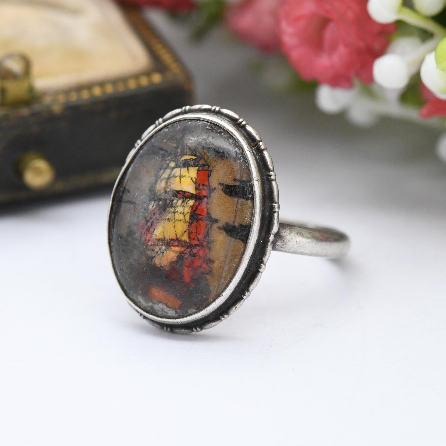 Vintage Sterling Silver Sailing Ship Ring Miniature Portrait on Butterfly Wing - Red & White Sails Painting | UK Size - N | US Size - 6 3/4