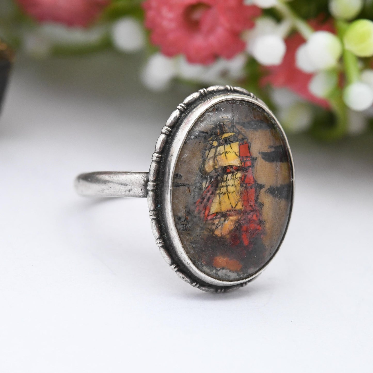 Vintage Sterling Silver Sailing Ship Ring Miniature Portrait on Butterfly Wing - Red & White Sails Painting | UK Size - N | US Size - 6 3/4