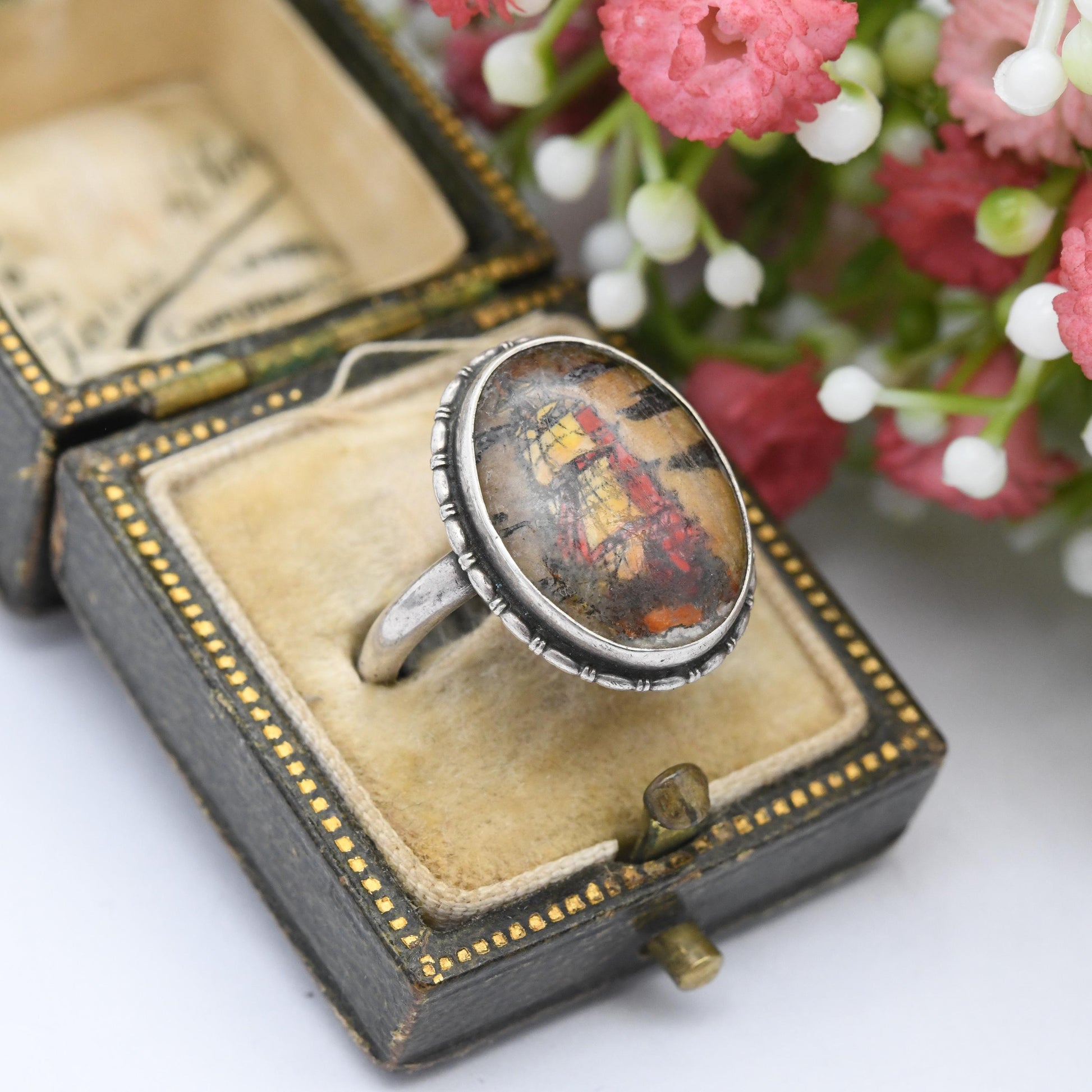 Vintage Sterling Silver Sailing Ship Ring Miniature Portrait on Butterfly Wing - Red & White Sails Painting | UK Size - N | US Size - 6 3/4