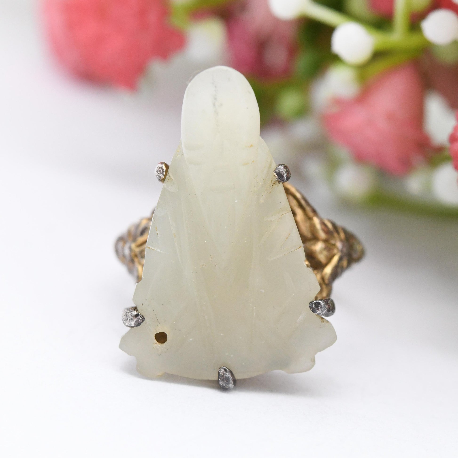 Vintage Chinese Export Silver Carved White Jade Ring with Bearded Man Seated - Gold Plated Mutton Fat Jade | UK Size - L | US Size - 5 3/4