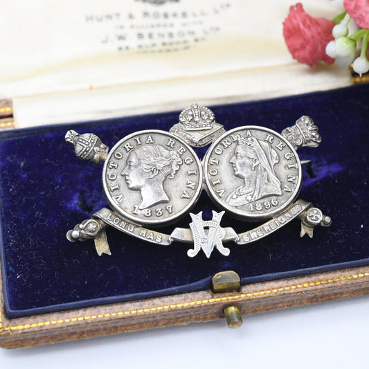 Antique Victoria Diamond Jubilee Sterling Silver Brooch 1837 1896 Longest Reigning - Young Head Old Head Medal Souvenir Long Has She Reigned