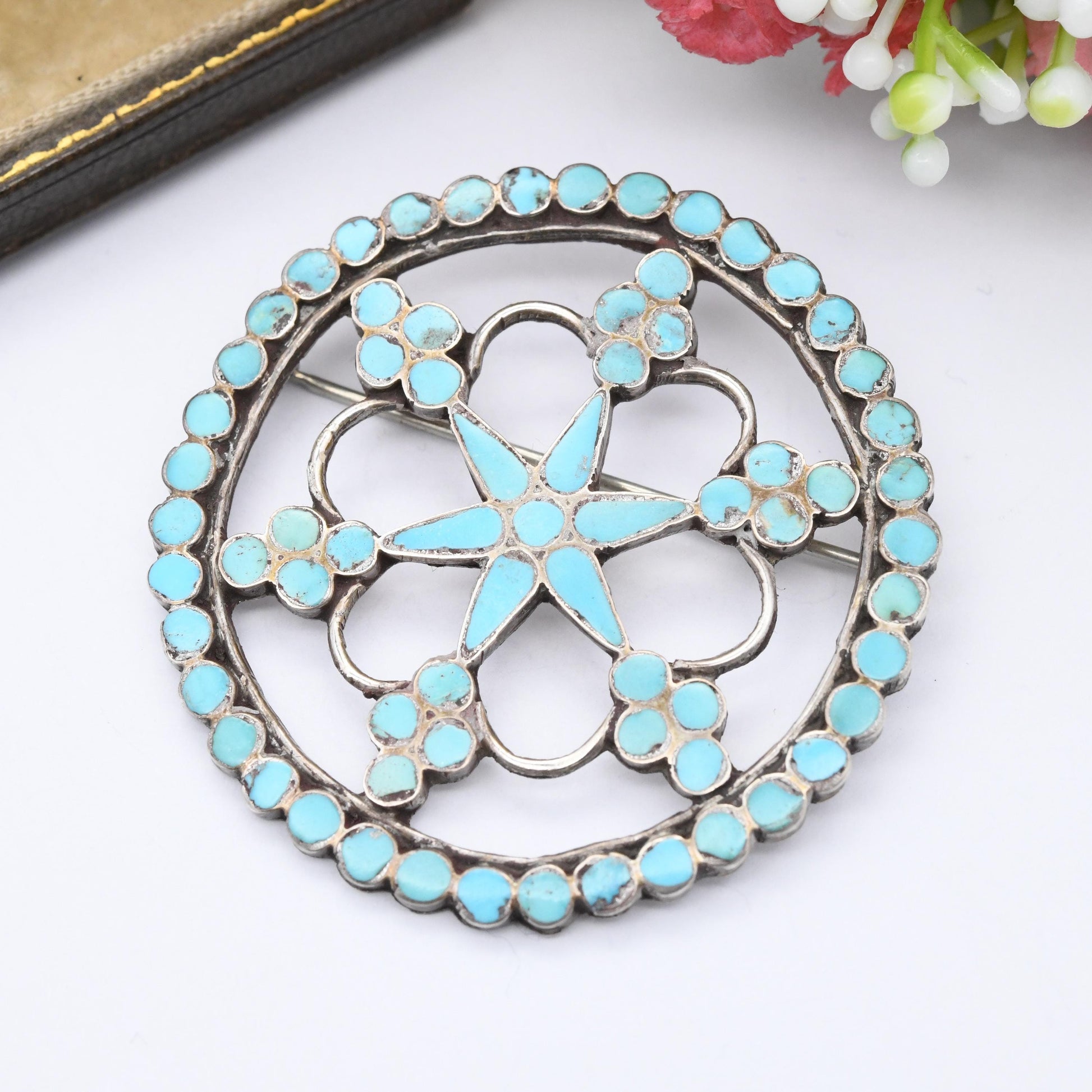 Frank Dishta Zuni Vintage Silver Turquoise Brooch - Blue Gemstone Inlaid Collectable New Mexico Silver Jewellery Designer USA | c. 1950s