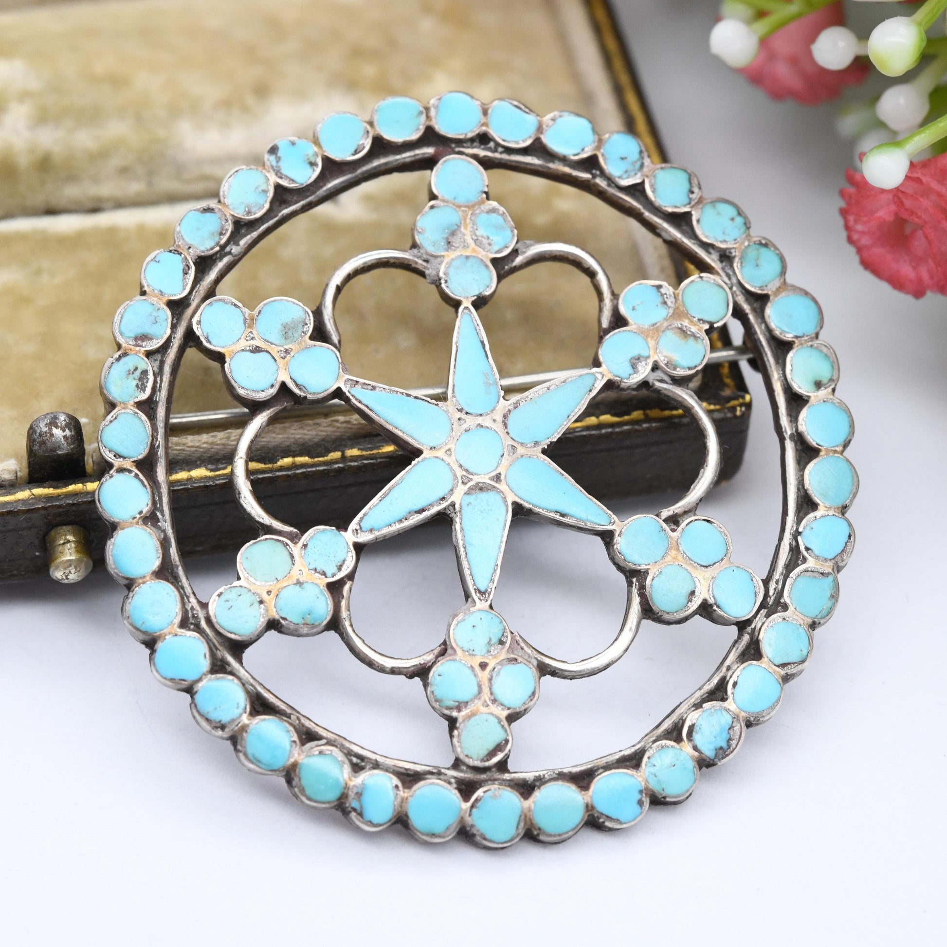 Frank Dishta Zuni Vintage Silver Turquoise Brooch - Blue Gemstone Inlaid Collectable New Mexico Silver Jewellery Designer USA | c. 1950s