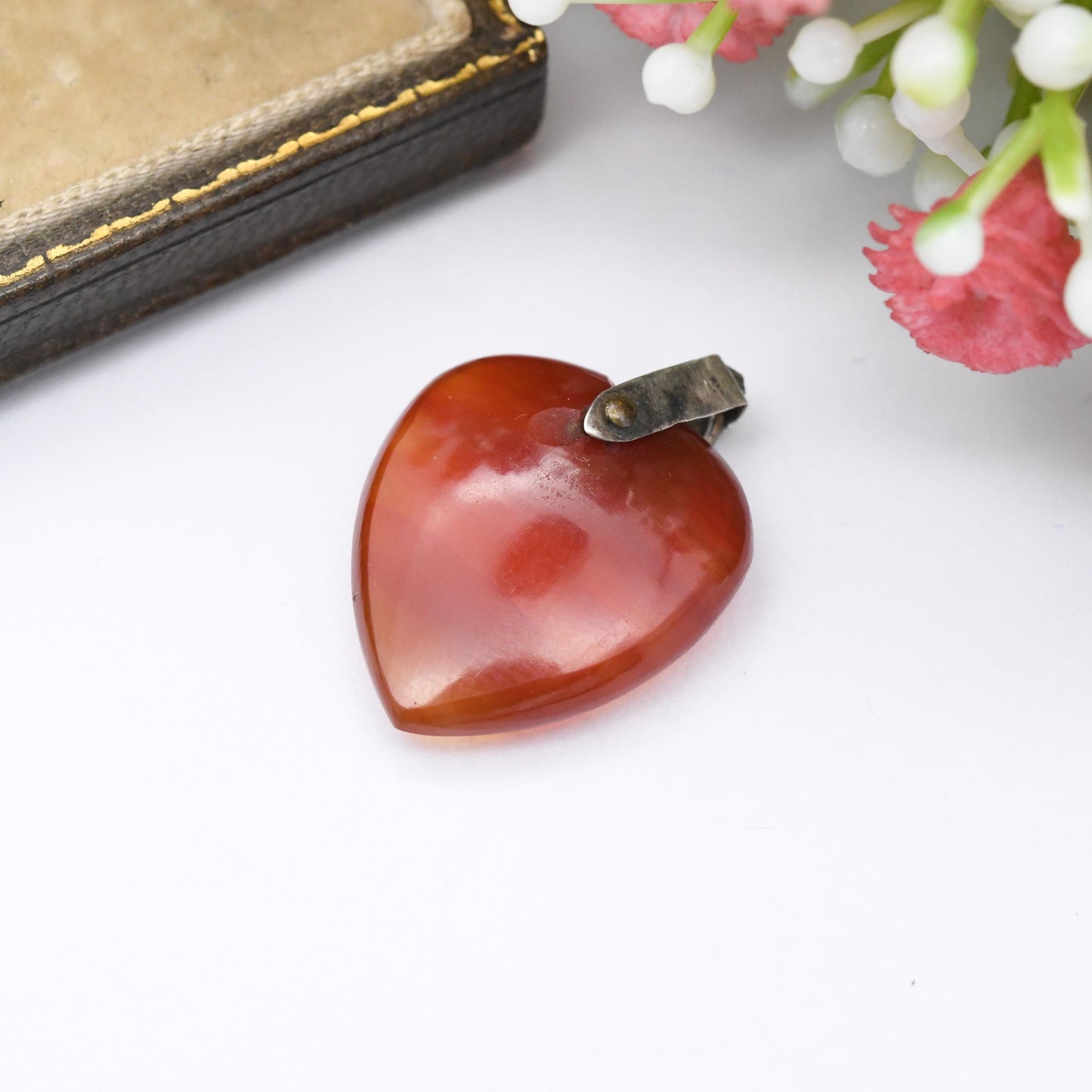 Antique Victorian Agate Heart Pendant - Red Banded Agate Gemstone Small Love Heart Charm Necklace Stack Pretty Gift for Her