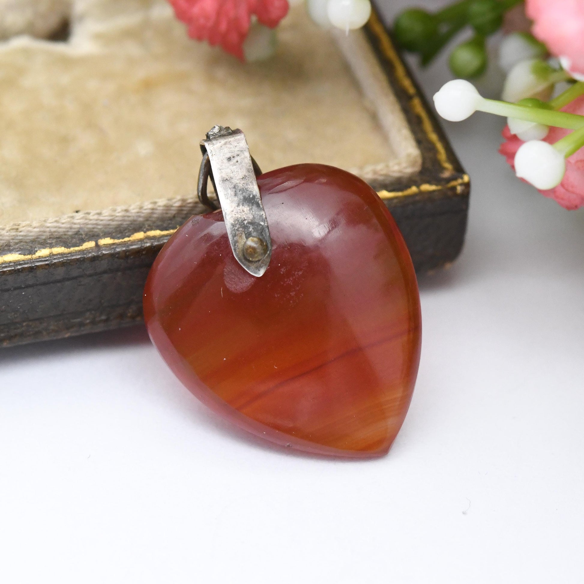 Antique Victorian Agate Heart Pendant - Red Banded Agate Gemstone Small Love Heart Charm Necklace Stack Pretty Gift for Her