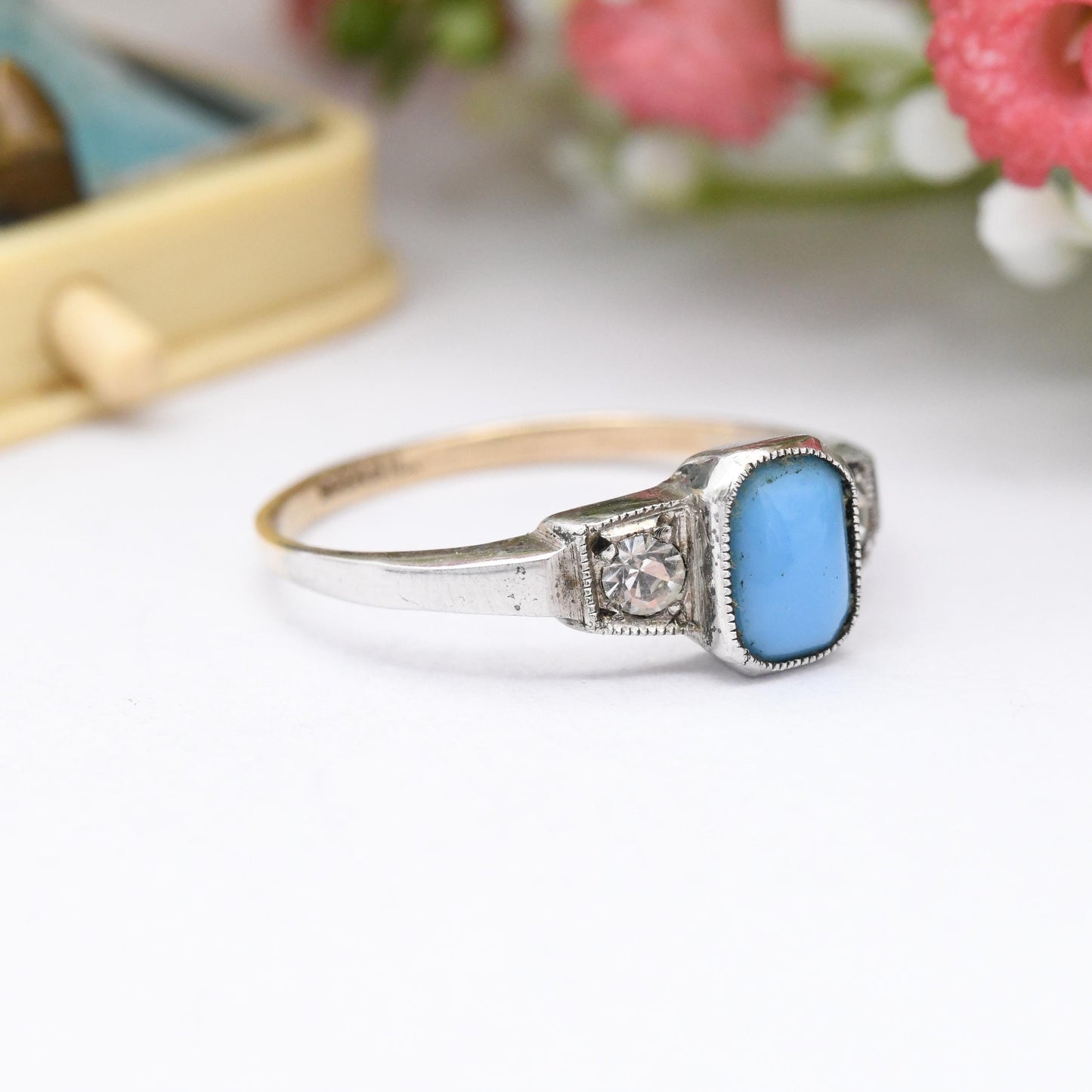 Antique Art Deco 9ct Gold & Sterling Silver Blue Stone Paste Ring - Three Stone Trilogy | Milgrain Bezel | UK Size - R | US Size - 8 3/4