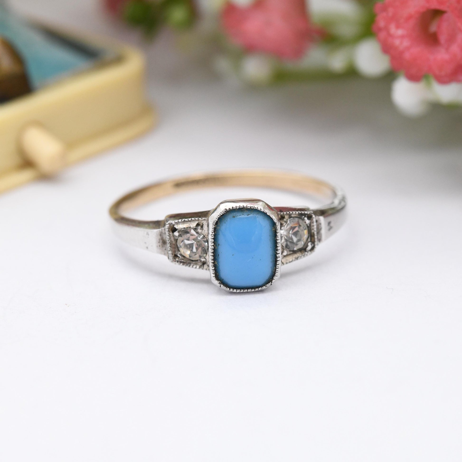 Antique Art Deco 9ct Gold & Sterling Silver Blue Stone Paste Ring - Three Stone Trilogy | Milgrain Bezel | UK Size - R | US Size - 8 3/4