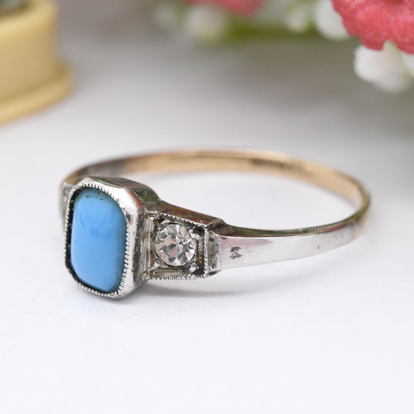 Antique Art Deco 9ct Gold & Sterling Silver Blue Stone Paste Ring - Three Stone Trilogy | Milgrain Bezel | UK Size - R | US Size - 8 3/4