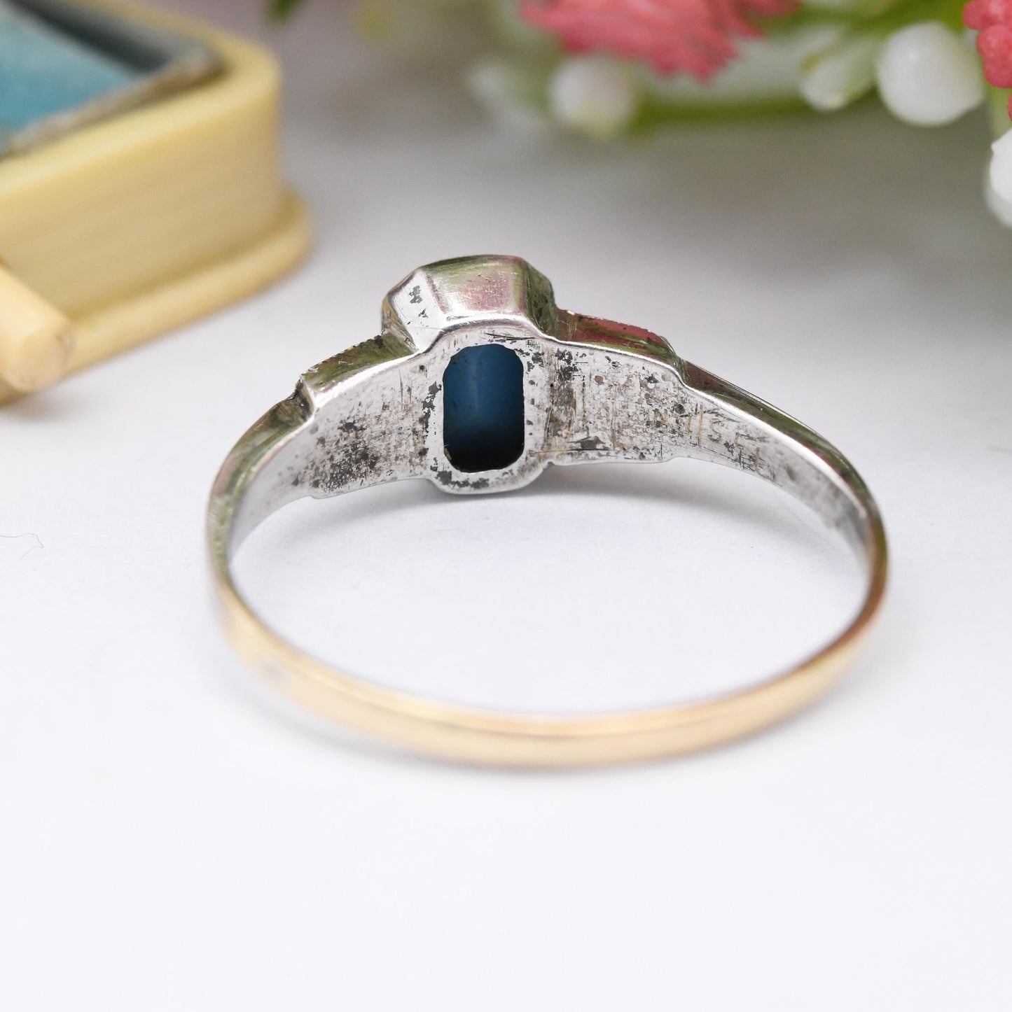 Antique Art Deco 9ct Gold & Sterling Silver Blue Stone Paste Ring - Three Stone Trilogy | Milgrain Bezel | UK Size - R | US Size - 8 3/4