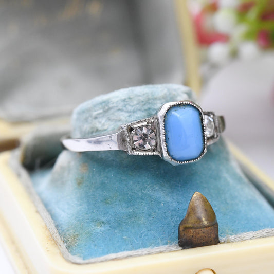 Antique Art Deco 9ct Gold & Sterling Silver Blue Stone Paste Ring - Three Stone Trilogy | Milgrain Bezel | UK Size - R | US Size - 8 3/4