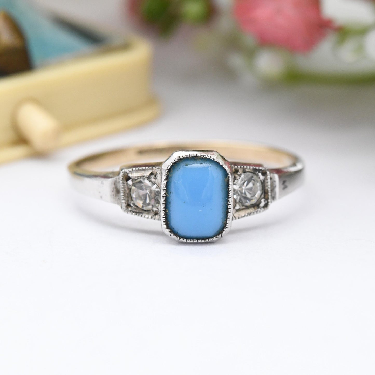 Antique Art Deco 9ct Gold & Sterling Silver Blue Stone Paste Ring - Three Stone Trilogy | Milgrain Bezel | UK Size - R | US Size - 8 3/4