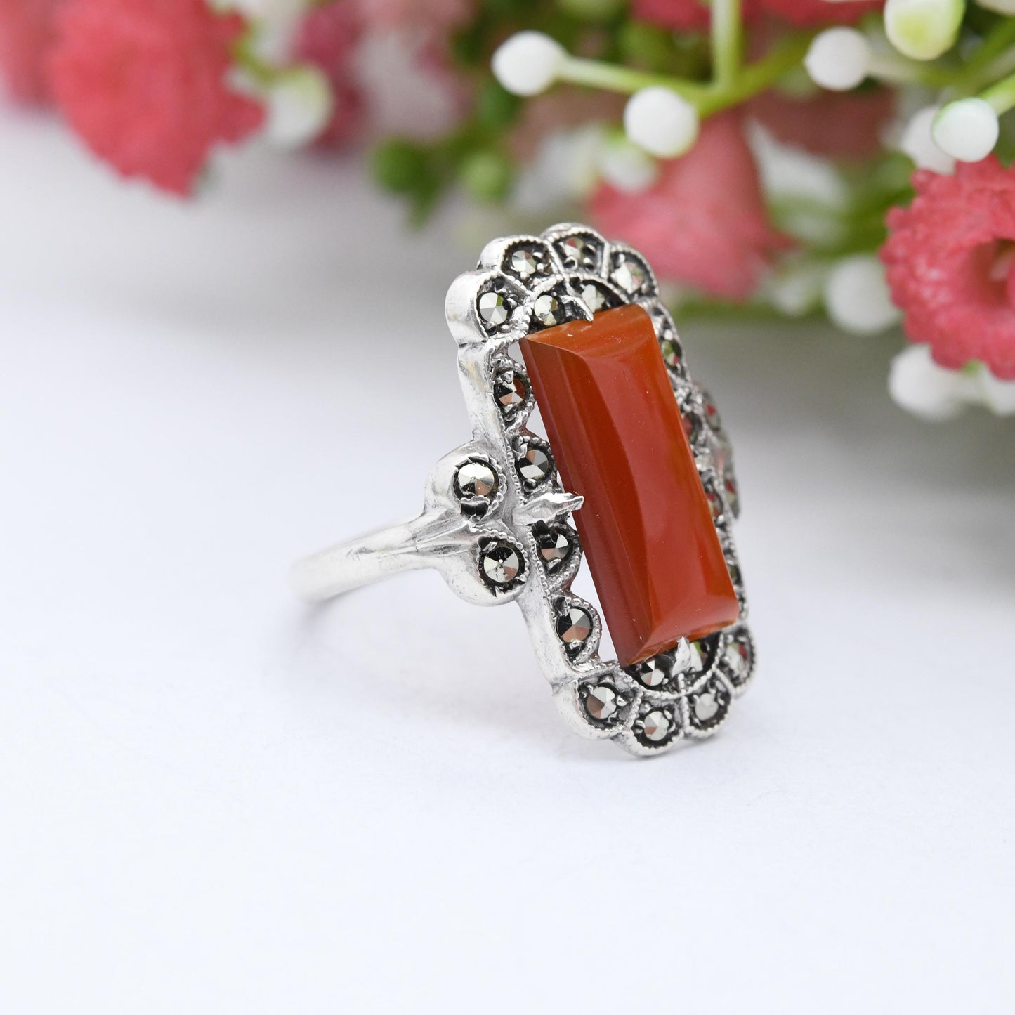 Vintage Art Deco Silver Carnelian Marcasite Ring Made in England - Barrel Shape Cabochon Gemstone Halo | UK Size - O 1/2 | US Size - 7 1/2