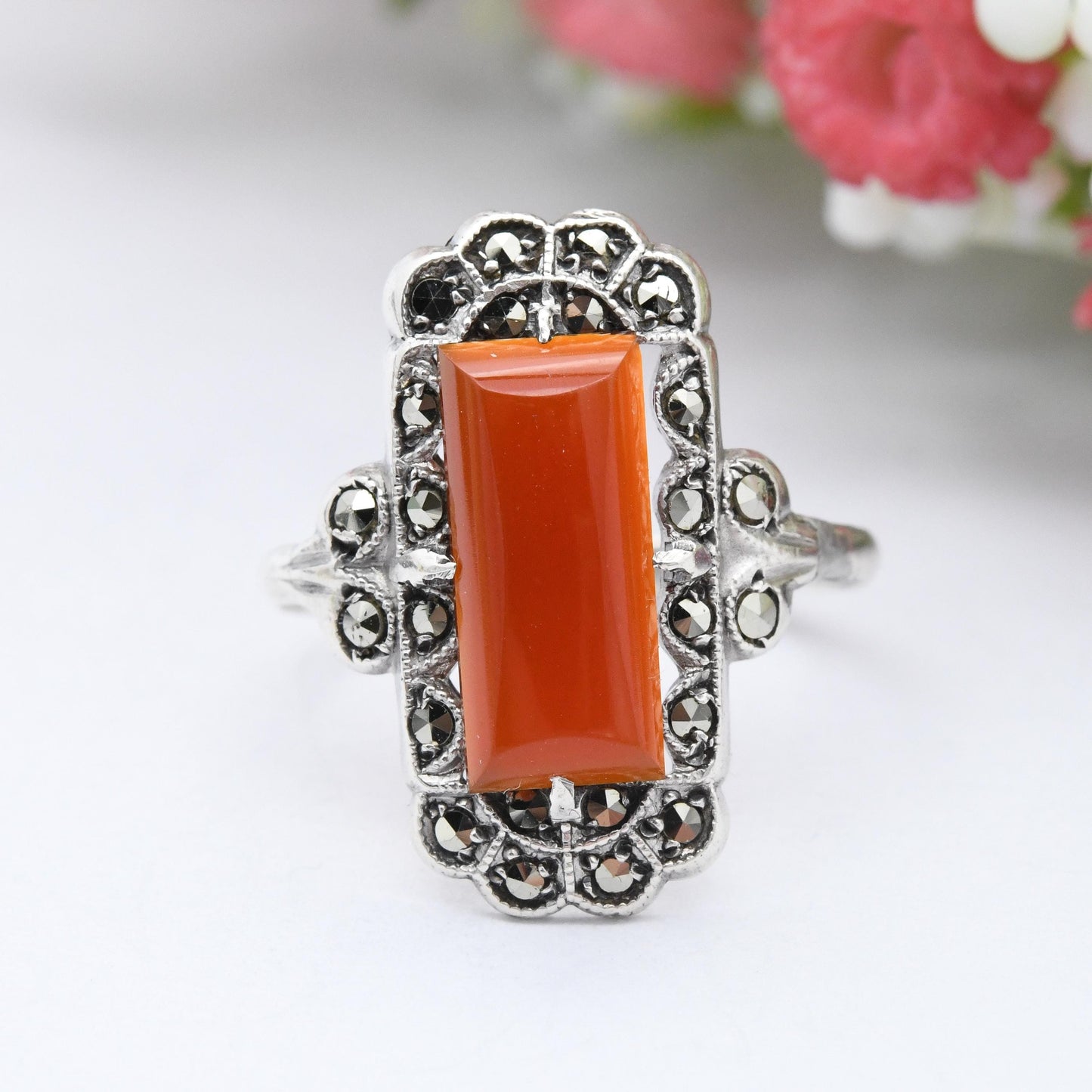 Vintage Art Deco Silver Carnelian Marcasite Ring Made in England - Barrel Shape Cabochon Gemstone Halo | UK Size - O 1/2 | US Size - 7 1/2