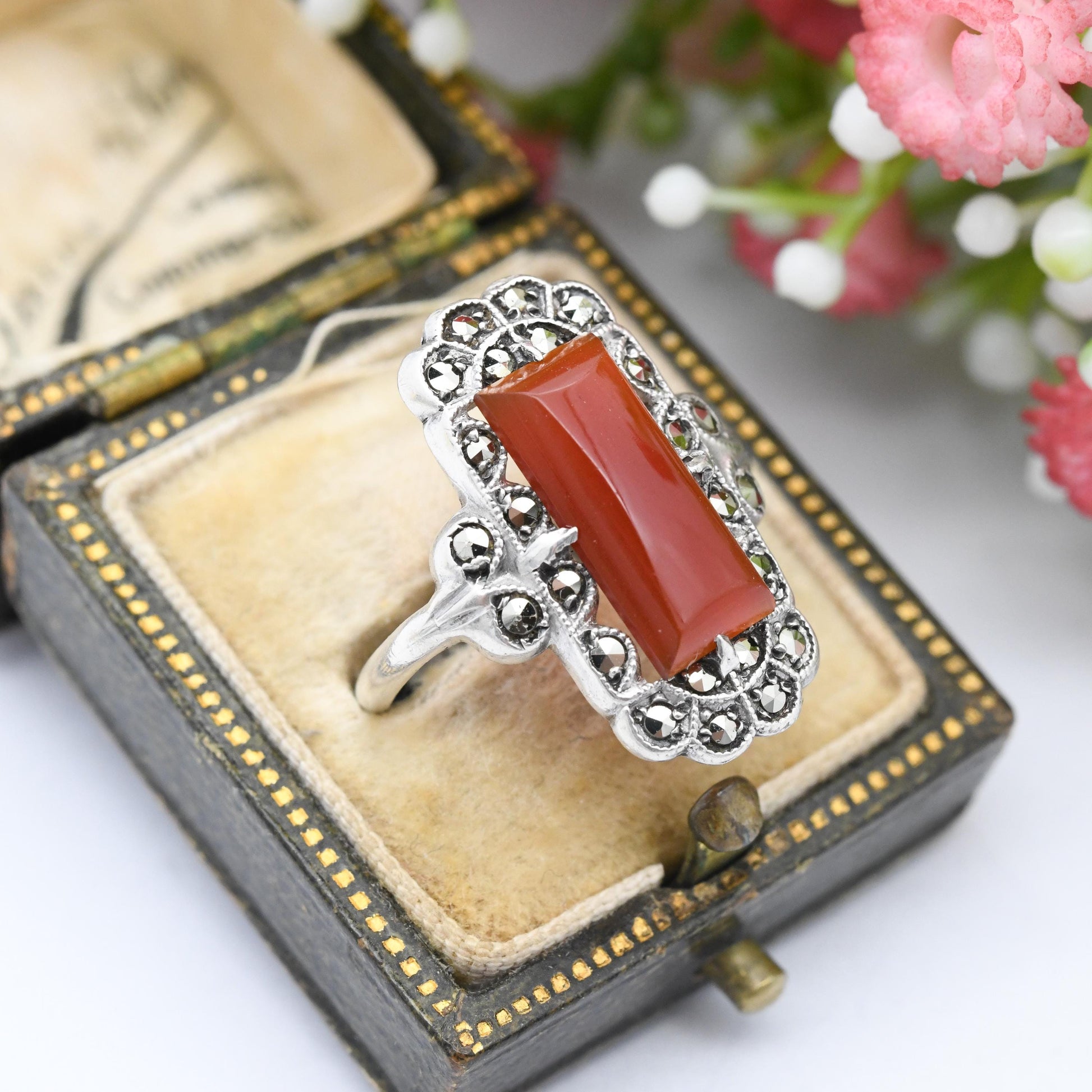 Vintage Art Deco Silver Carnelian Marcasite Ring Made in England - Barrel Shape Cabochon Gemstone Halo | UK Size - O 1/2 | US Size - 7 1/2