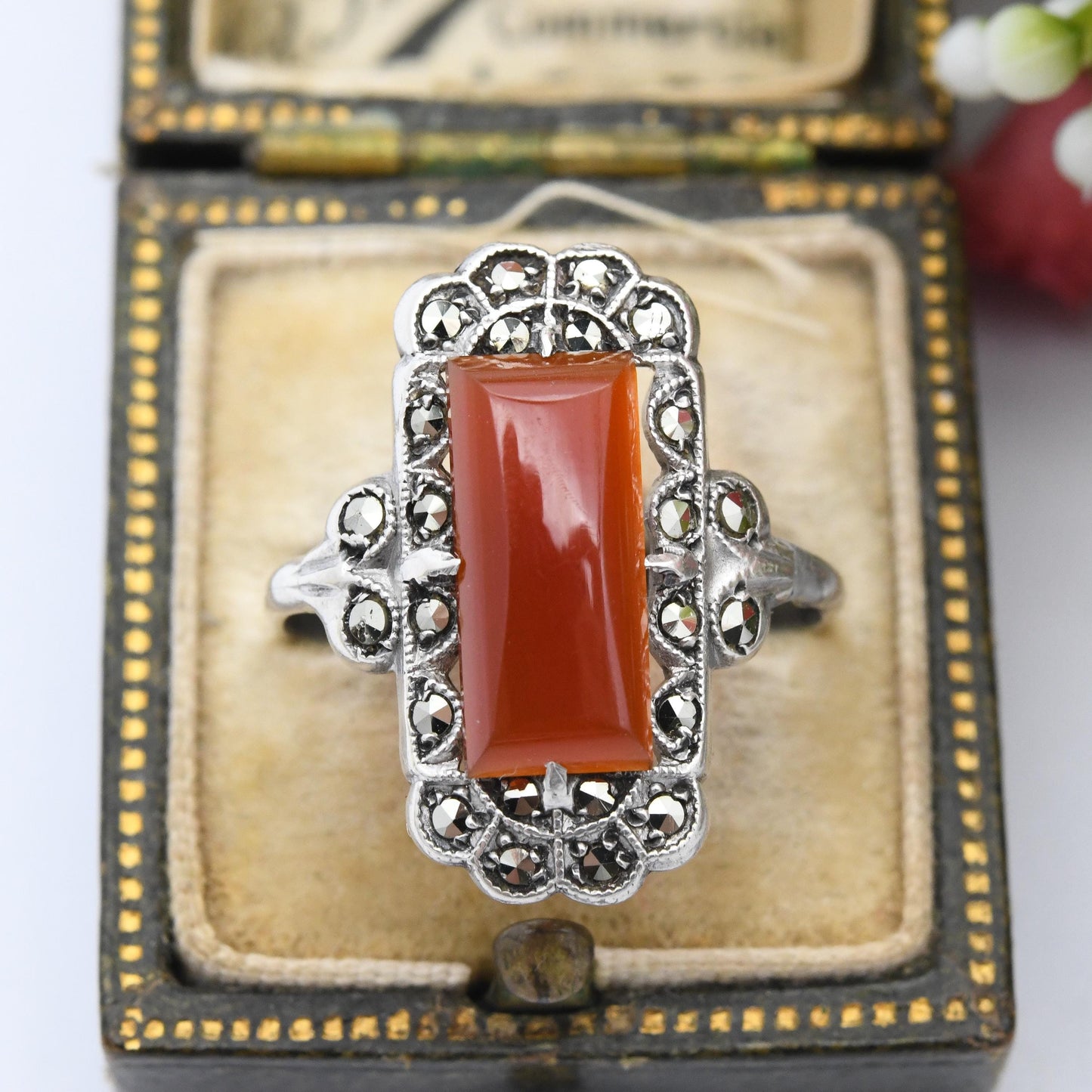 Vintage Art Deco Silver Carnelian Marcasite Ring Made in England - Barrel Shape Cabochon Gemstone Halo | UK Size - O 1/2 | US Size - 7 1/2