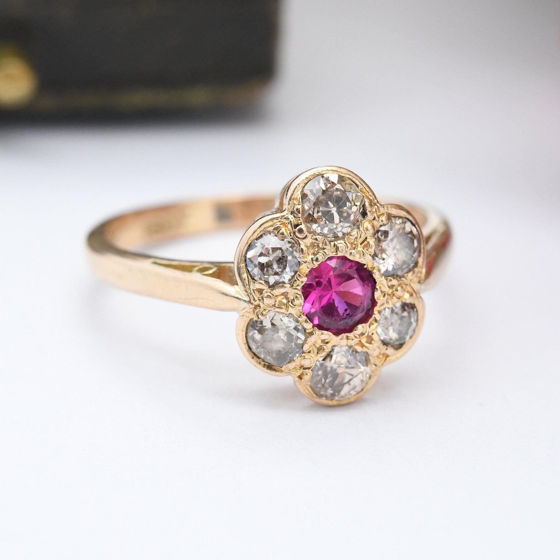 Antique 18ct Gold Ruby and Diamond Floral Cluster Ring - Pretty Flower Halo Ring | Anniversary Gift Engagement | UK Size - M | US Size - 6
