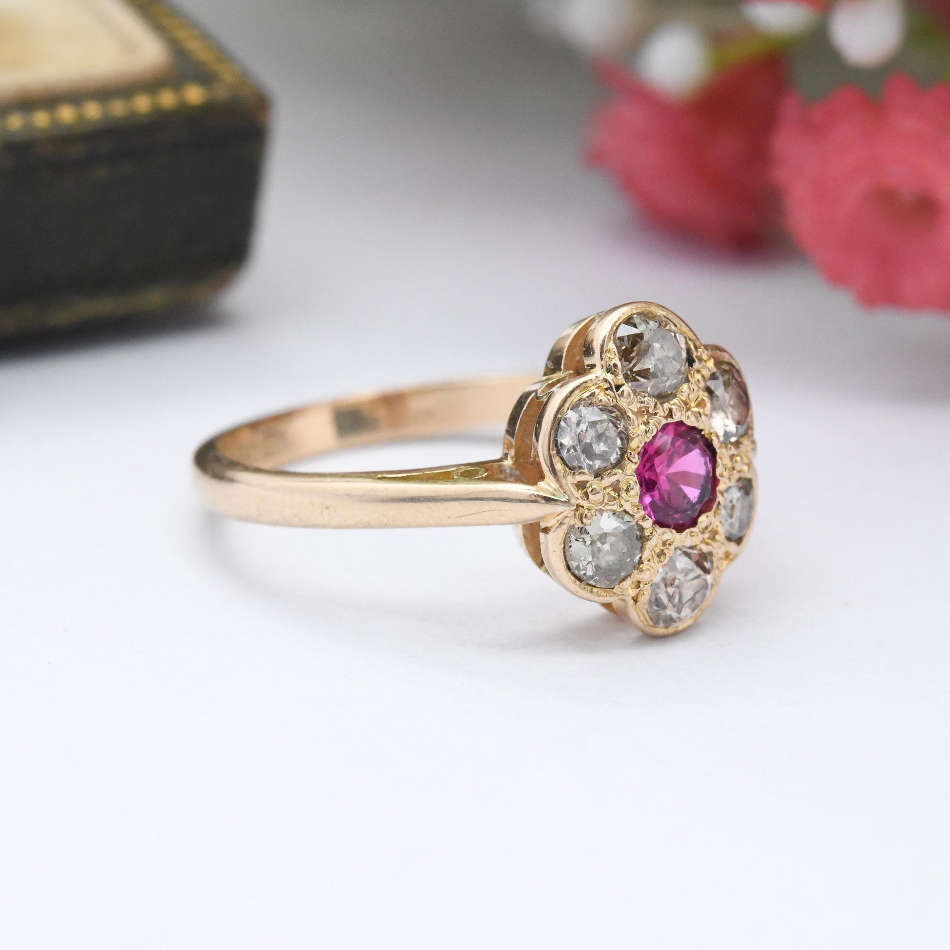 Antique 18ct Gold Ruby and Diamond Floral Cluster Ring - Pretty Flower Halo Ring | Anniversary Gift Engagement | UK Size - M | US Size - 6