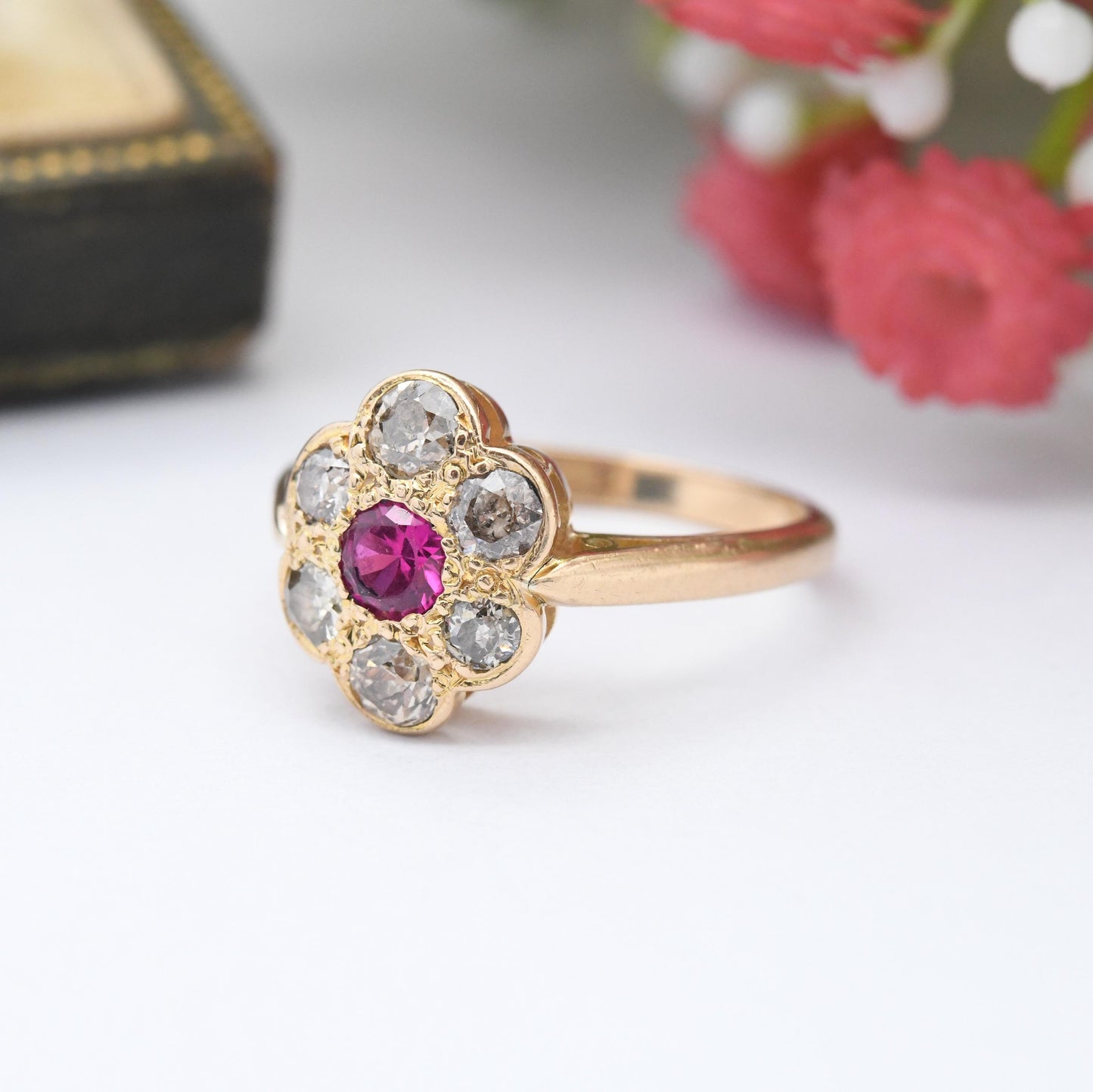 Antique 18ct Gold Ruby and Diamond Floral Cluster Ring - Pretty Flower Halo Ring | Anniversary Gift Engagement | UK Size - M | US Size - 6