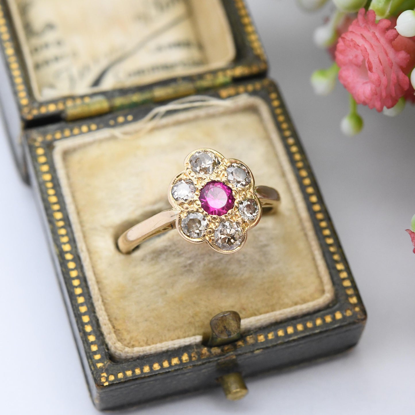 Antique 18ct Gold Ruby and Diamond Floral Cluster Ring - Pretty Flower Halo Ring | Anniversary Gift Engagement | UK Size - M | US Size - 6
