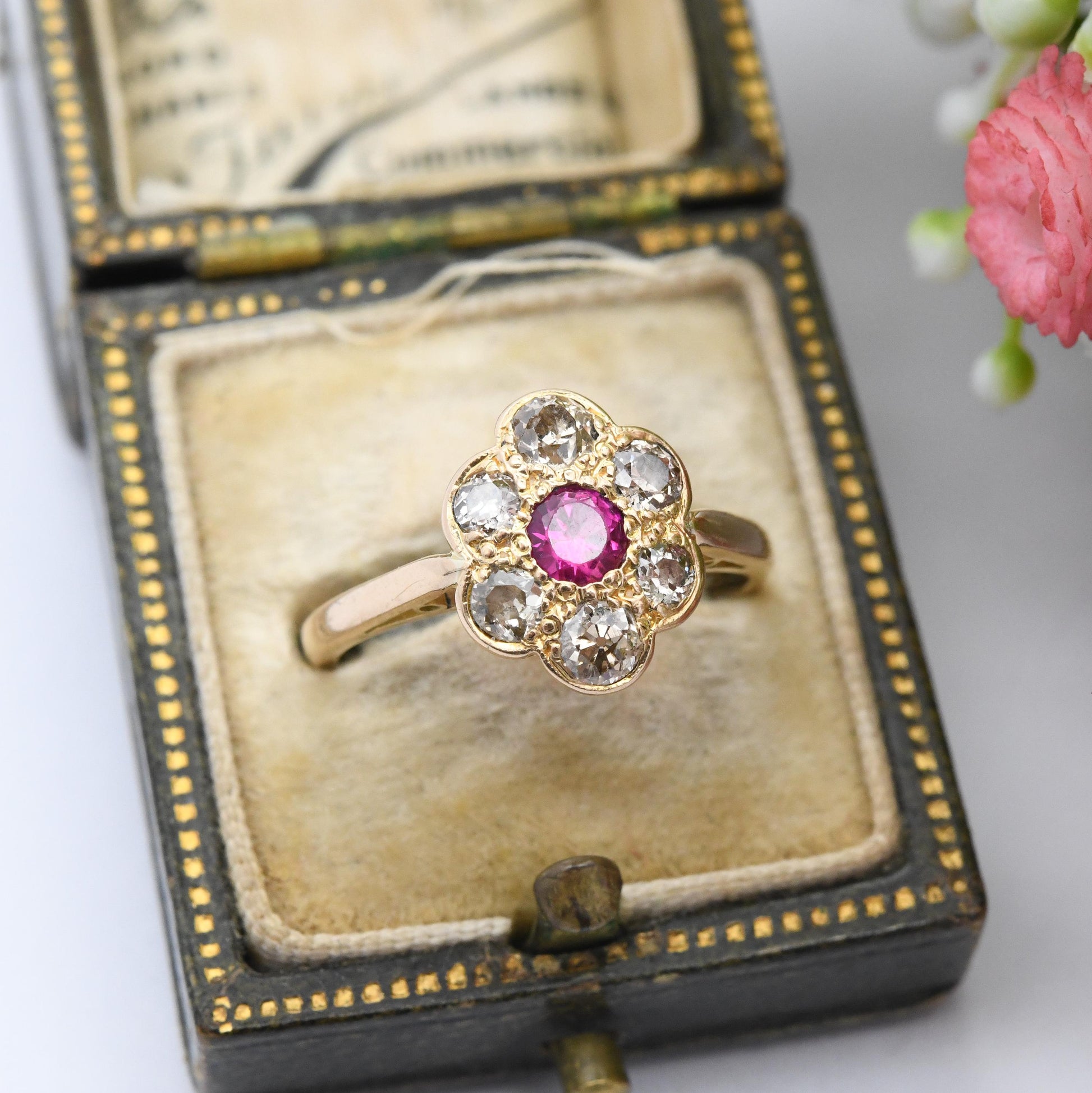 Antique 18ct Gold Ruby and Diamond Floral Cluster Ring - Pretty Flower Halo Ring | Anniversary Gift Engagement | UK Size - M | US Size - 6