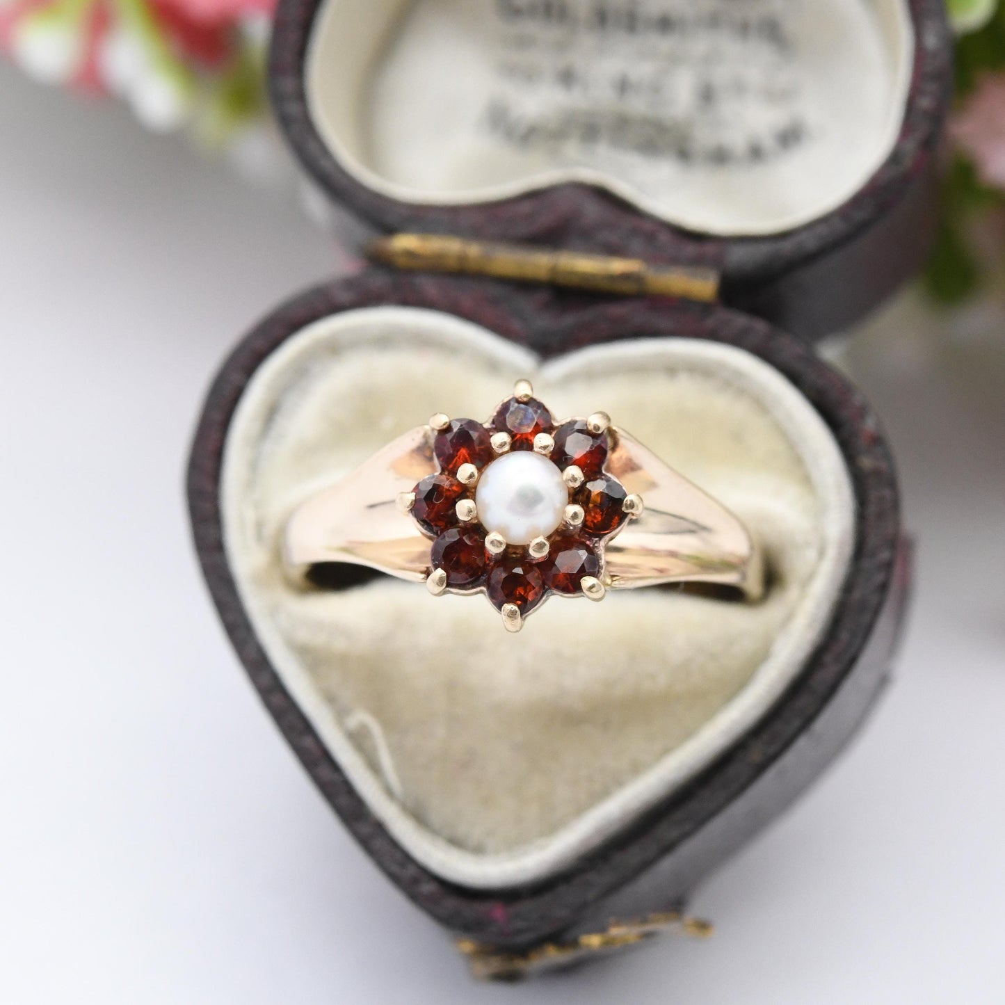 Vintage 9ct Gold Garnet Pearl Flower Cluster Ring 1969 - Mid-Century Antique Revival | Gold Jewellery Gift | UK Size - Q | US Size - 8