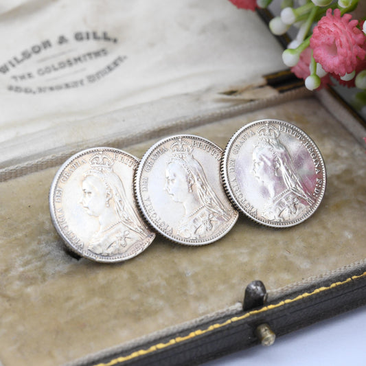 Antique Sterling Silver Victoria Coin Brooch with Three Coins - 1888 Six Pence 6P | Queen Victoria Jubilee Head