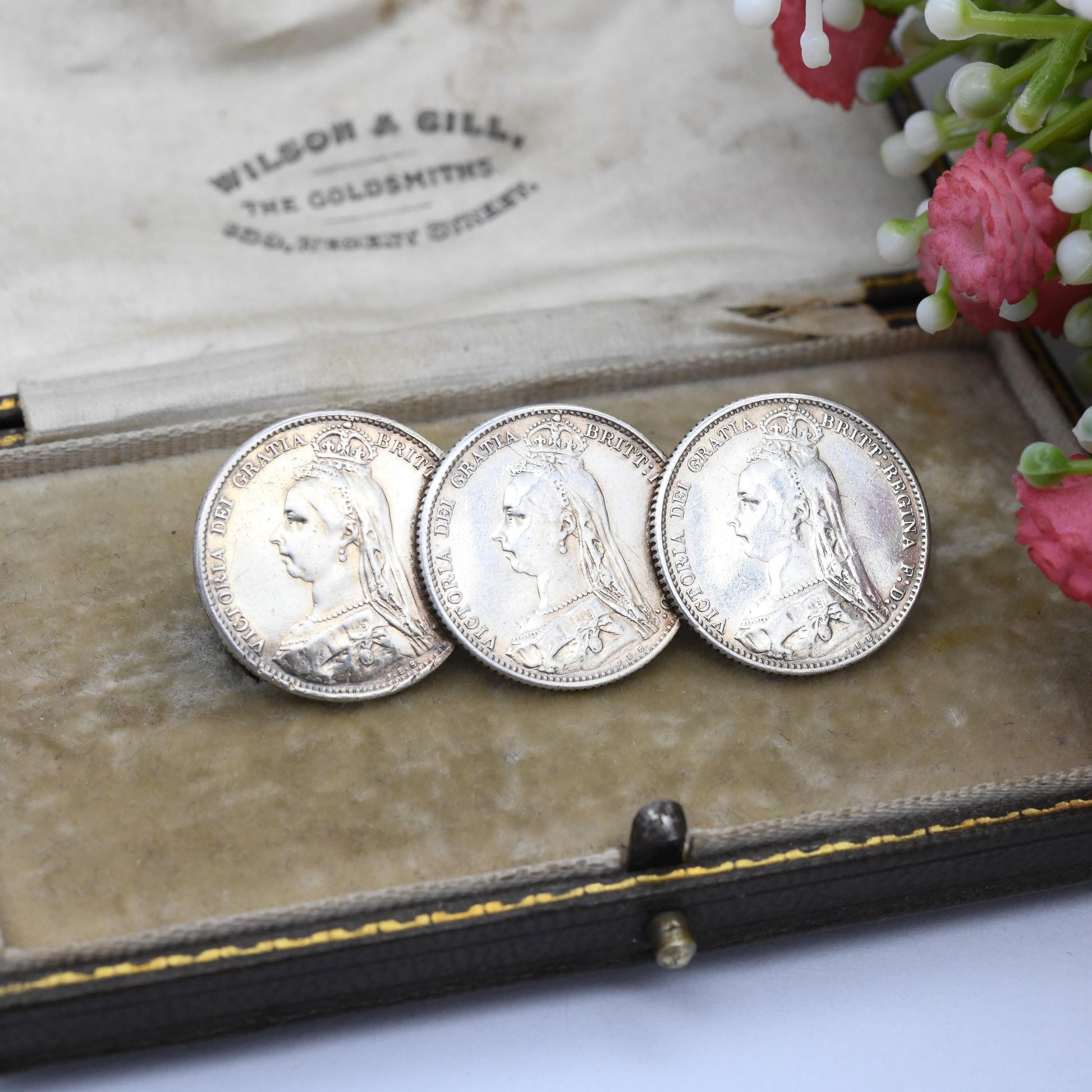 Antique Sterling Silver Victoria Coin Brooch with Three Coins - 1888 Six Pence 6P | Queen Victoria Jubilee Head