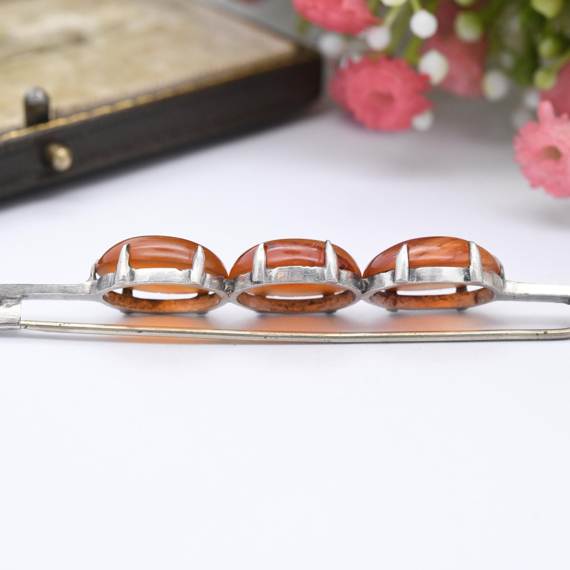 Antique Silver Carnelian Cabochon Bar Brooch c. 1910s - Long Three Stone Trilogy Set Minimal Design | Banded Orange Gemstone Jewellery Gift