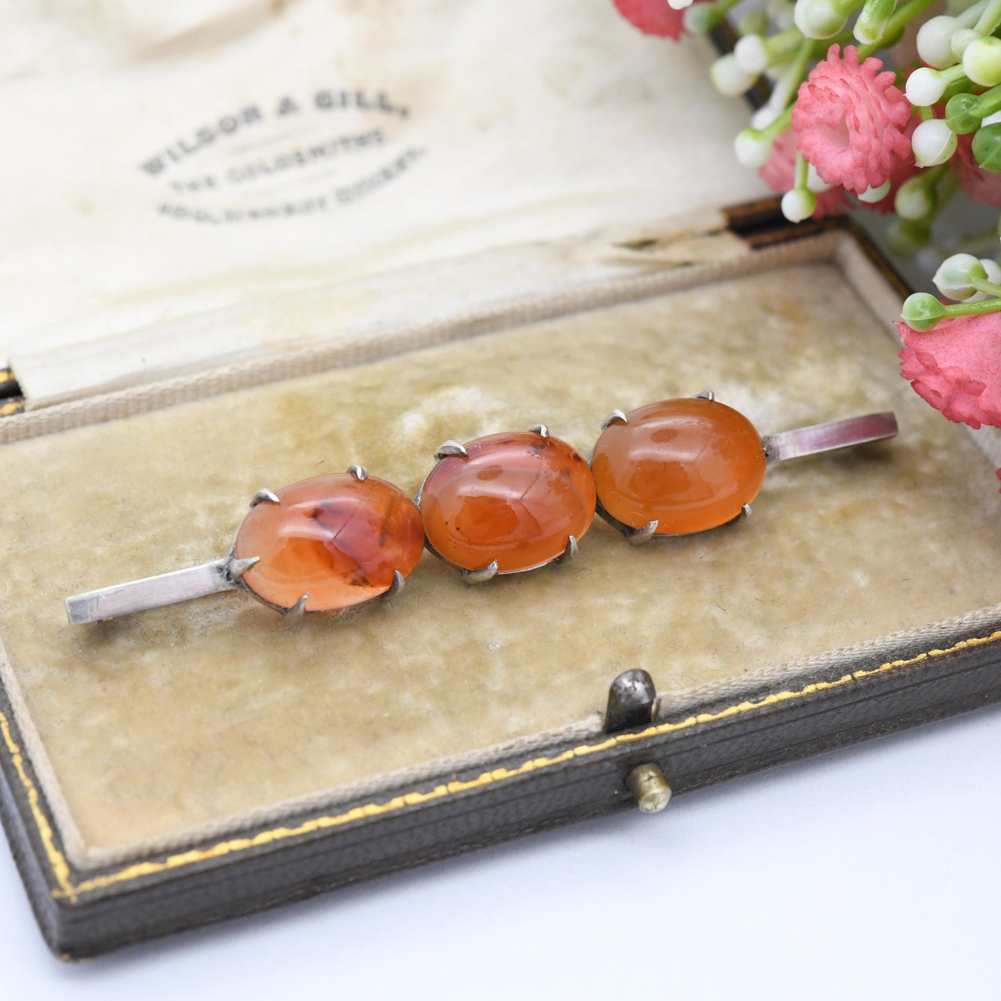 Antique Silver Carnelian Cabochon Bar Brooch c. 1910s - Long Three Stone Trilogy Set Minimal Design | Banded Orange Gemstone Jewellery Gift