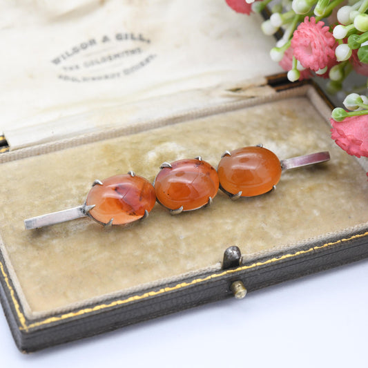 Antique Silver Carnelian Cabochon Bar Brooch c. 1910s - Long Three Stone Trilogy Set Minimal Design | Banded Orange Gemstone Jewellery Gift