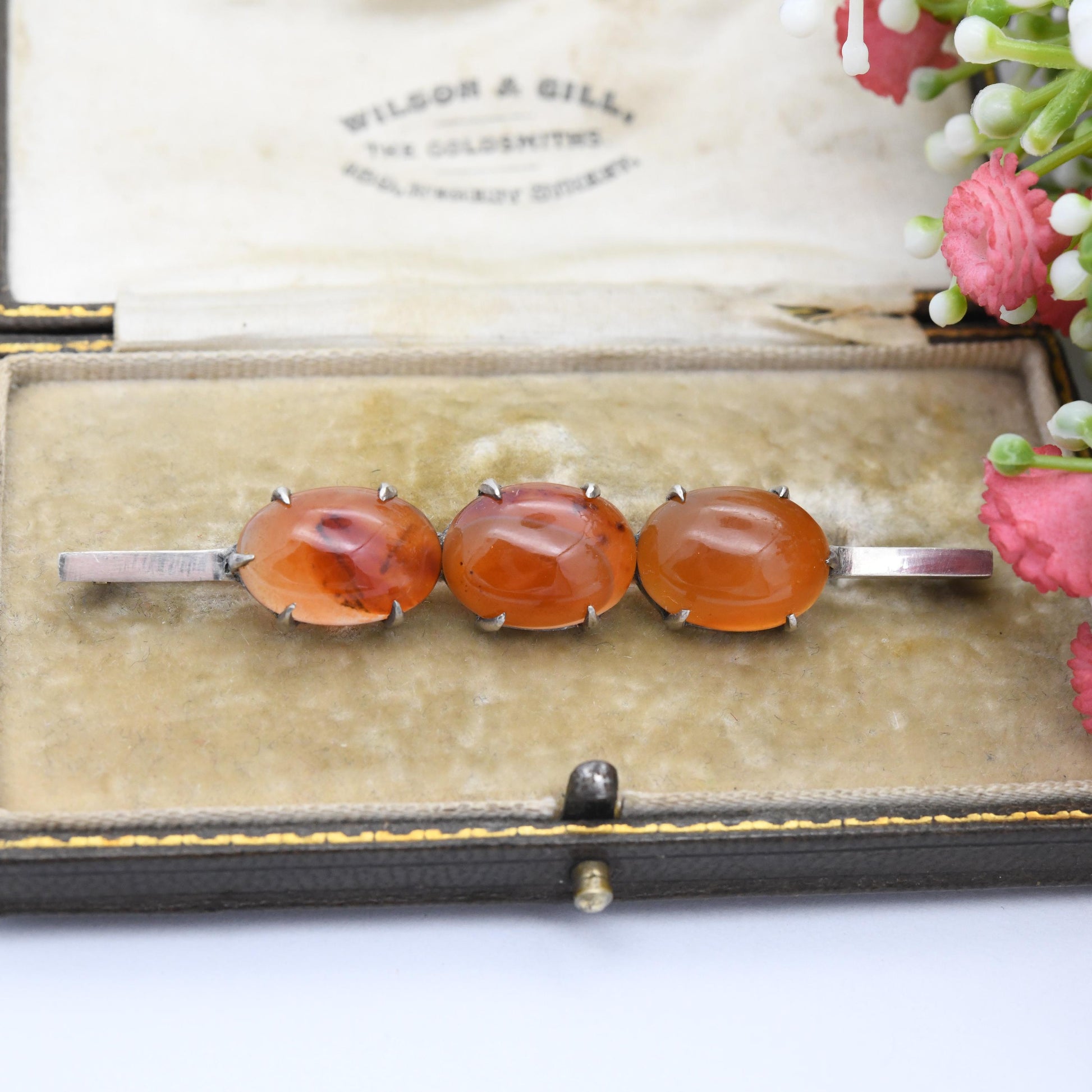 Antique Silver Carnelian Cabochon Bar Brooch c. 1910s - Long Three Stone Trilogy Set Minimal Design | Banded Orange Gemstone Jewellery Gift