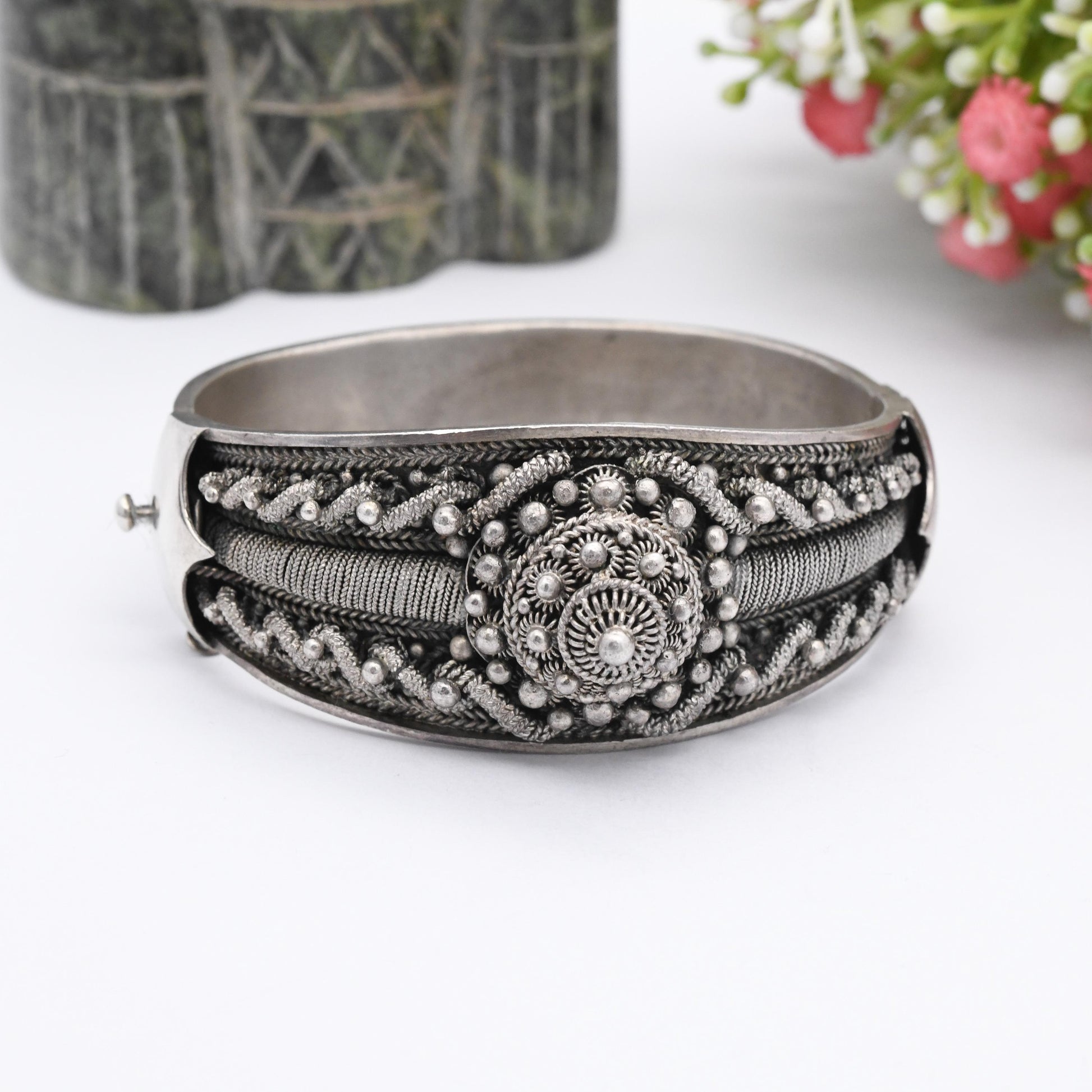 Vintage Portuguese Silver Cannetille Bangle Etruscan Revival Style Bracelet - Ornate Wirework Twisted Rope Design | Heavy Silver Jewellery