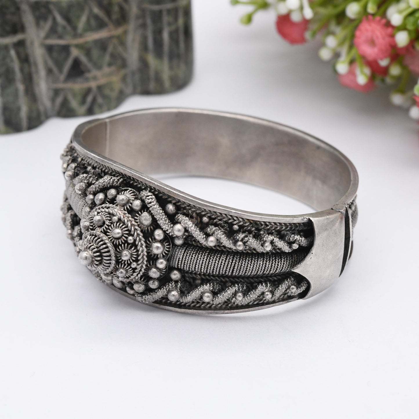 Vintage Portuguese Silver Cannetille Bangle Etruscan Revival Style Bracelet - Ornate Wirework Twisted Rope Design | Heavy Silver Jewellery