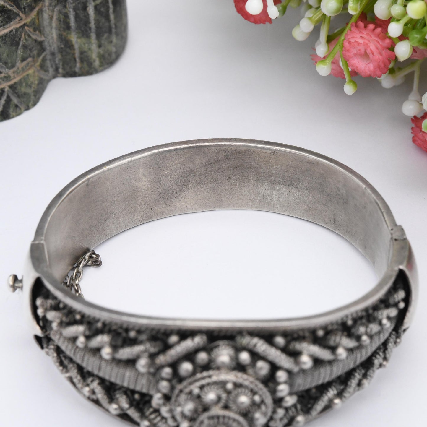 Vintage Portuguese Silver Cannetille Bangle Etruscan Revival Style Bracelet - Ornate Wirework Twisted Rope Design | Heavy Silver Jewellery