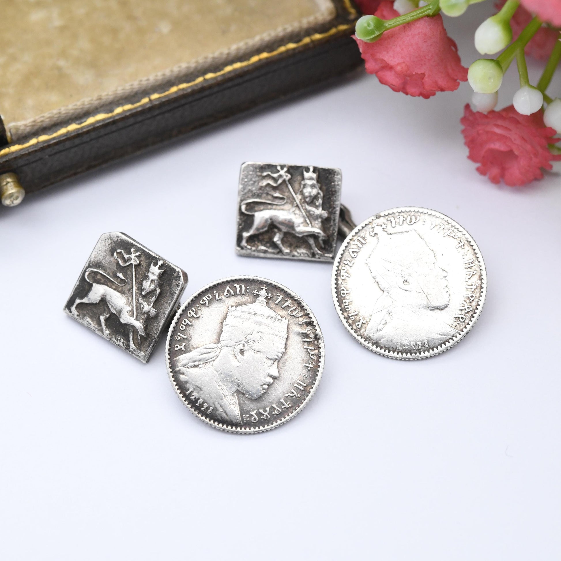 Antique Ethiopian Silver Coin Cufflinks with Lion of Judah Menelik II 1 Ghersh c. 1900 - Collectable Coin Jewellery Crowned Lion with Cross