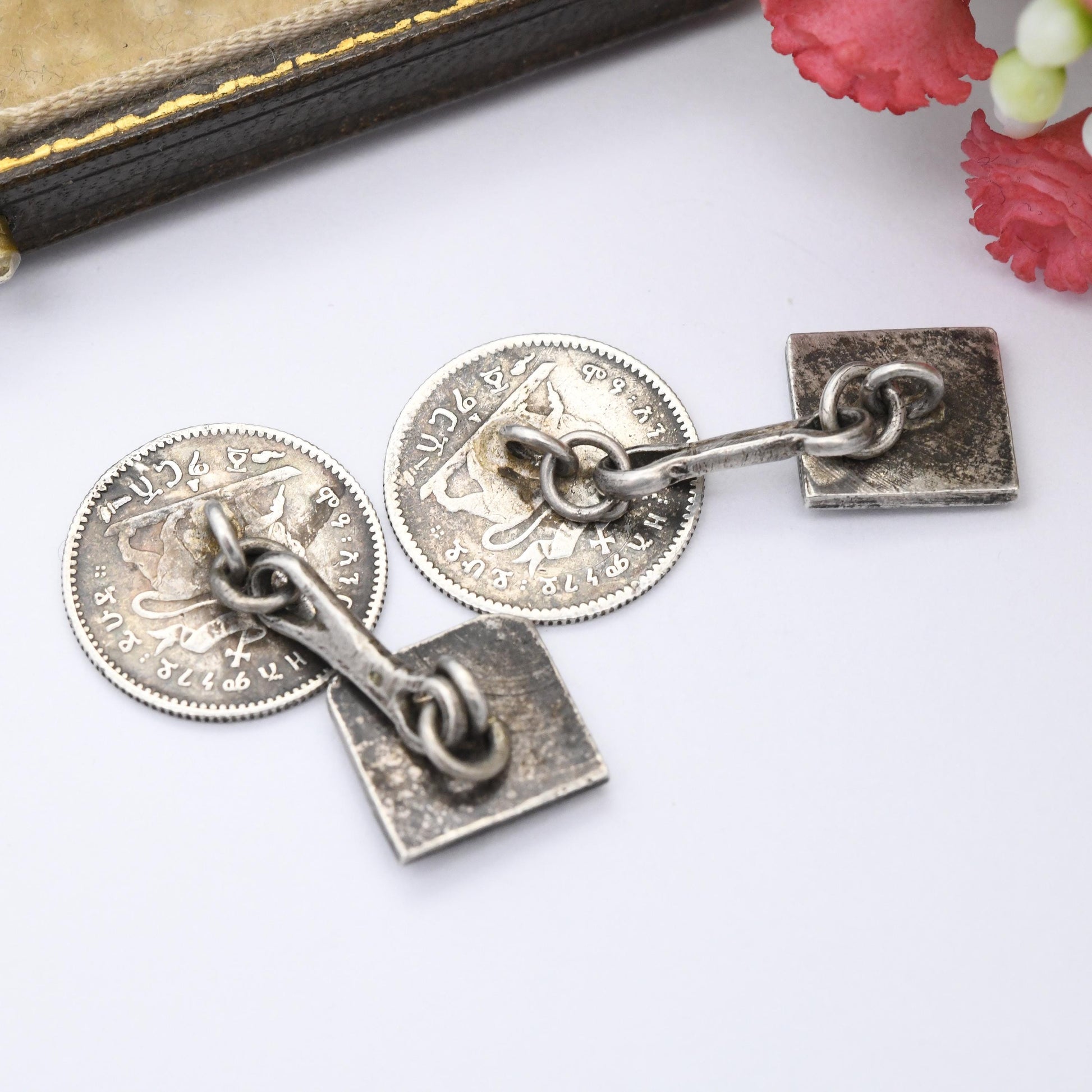 Antique Ethiopian Silver Coin Cufflinks with Lion of Judah Menelik II 1 Ghersh c. 1900 - Collectable Coin Jewellery Crowned Lion with Cross