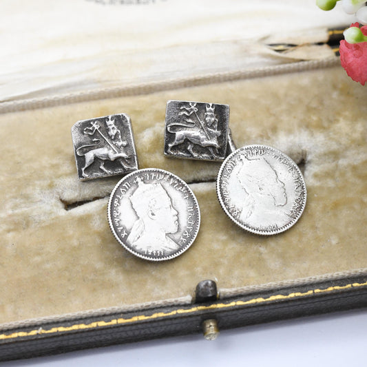 Antique Ethiopian Silver Coin Cufflinks with Lion of Judah Menelik II 1 Ghersh c. 1900 - Collectable Coin Jewellery Crowned Lion with Cross