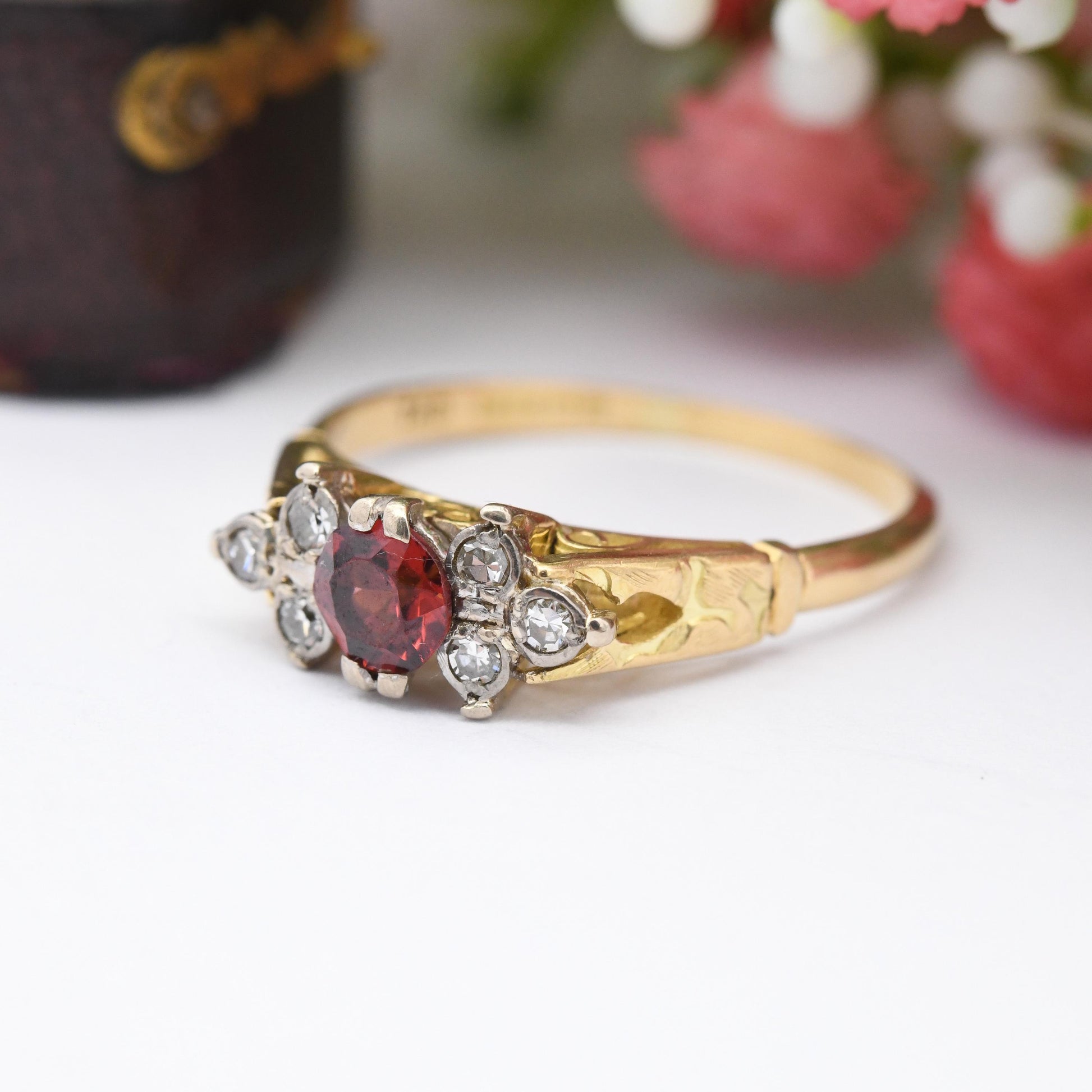 Vintage 18ct Gold Red Stone Diamond Ring 1965 - Mid-Century Statement Ring | 6 Diamond Red Gemstone Engagement | UK Size - T US Size - 9 1/2