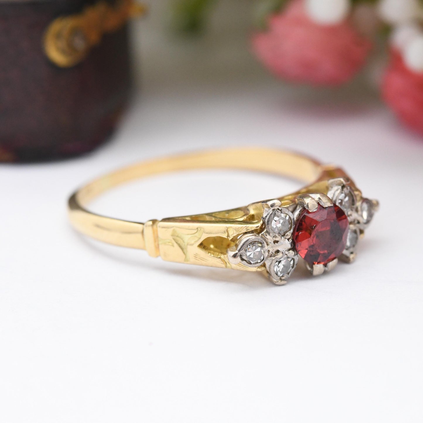 Vintage 18ct Gold Red Stone Diamond Ring 1965 - Mid-Century Statement Ring | 6 Diamond Red Gemstone Engagement | UK Size - T US Size - 9 1/2