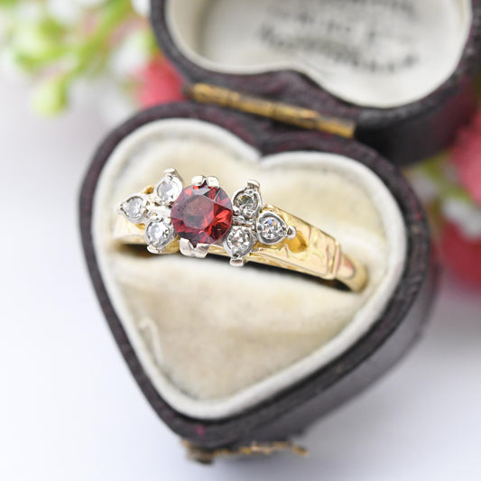 Vintage 18ct Gold Red Stone Diamond Ring 1965 - Mid-Century Statement Ring | 6 Diamond Red Gemstone Engagement | UK Size - T US Size - 9 1/2