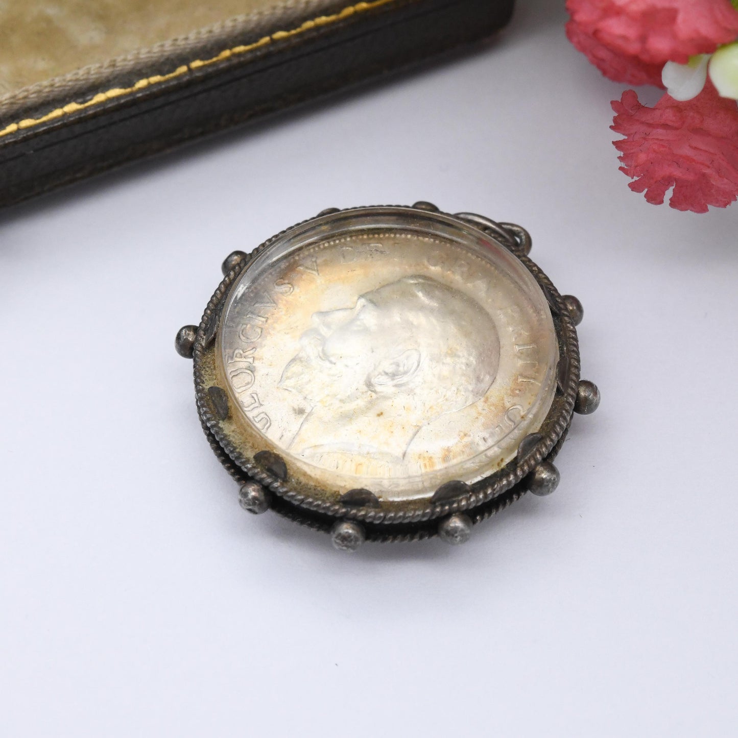 Antique Sterling Silver Coin Pendant in Fob Mount 1914 George V One Shilling - Domed Glass Magnified Coin Pendant | Gift for Charm Necklace