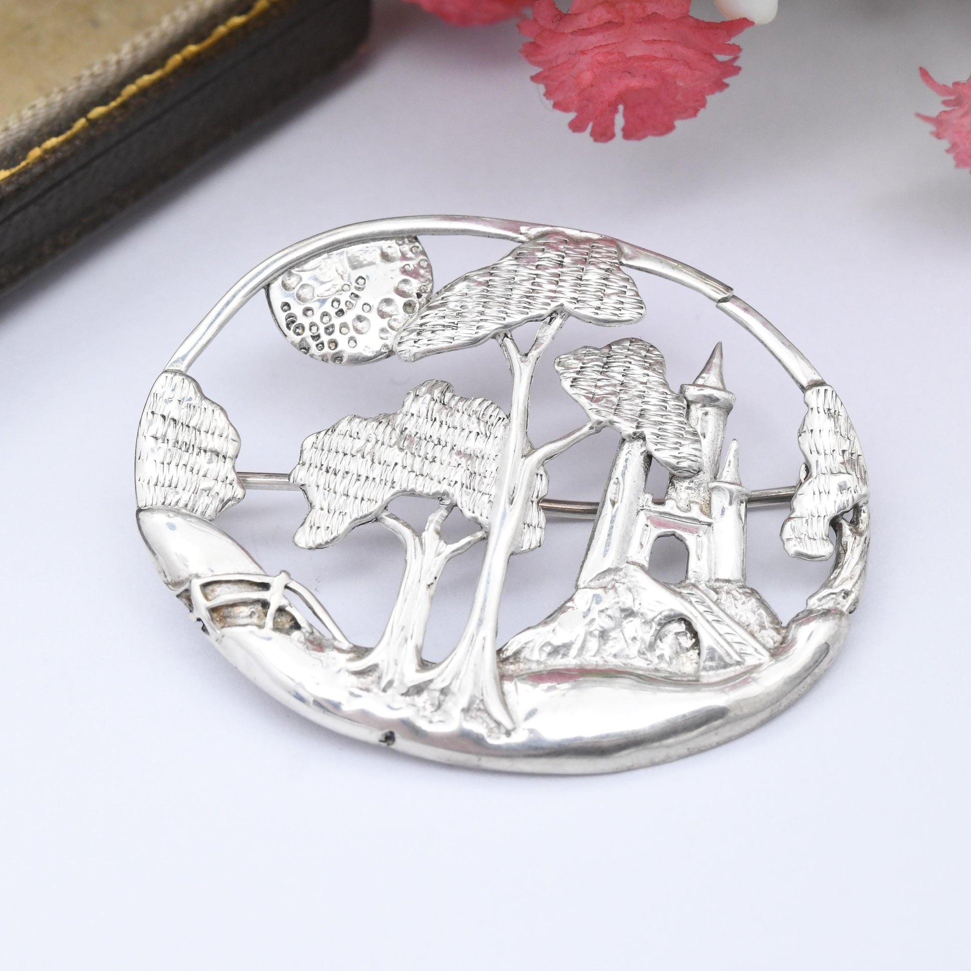 Vintage Sterling Silver Figural Brooch of a Castle in Trees - Openwork Fairytale Princess Castle in Woods Rural Countryside Pastoral Scene