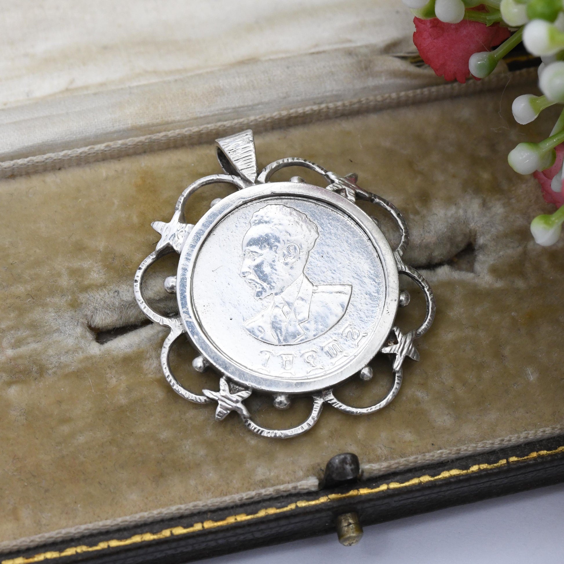 Vintage Silver Haile Selassie Coin Pendant 1930 - Ethiopian Coin Souvenir Emperor of Ethiopia | Crowned Lion of Judah Holding Ribboned Cross