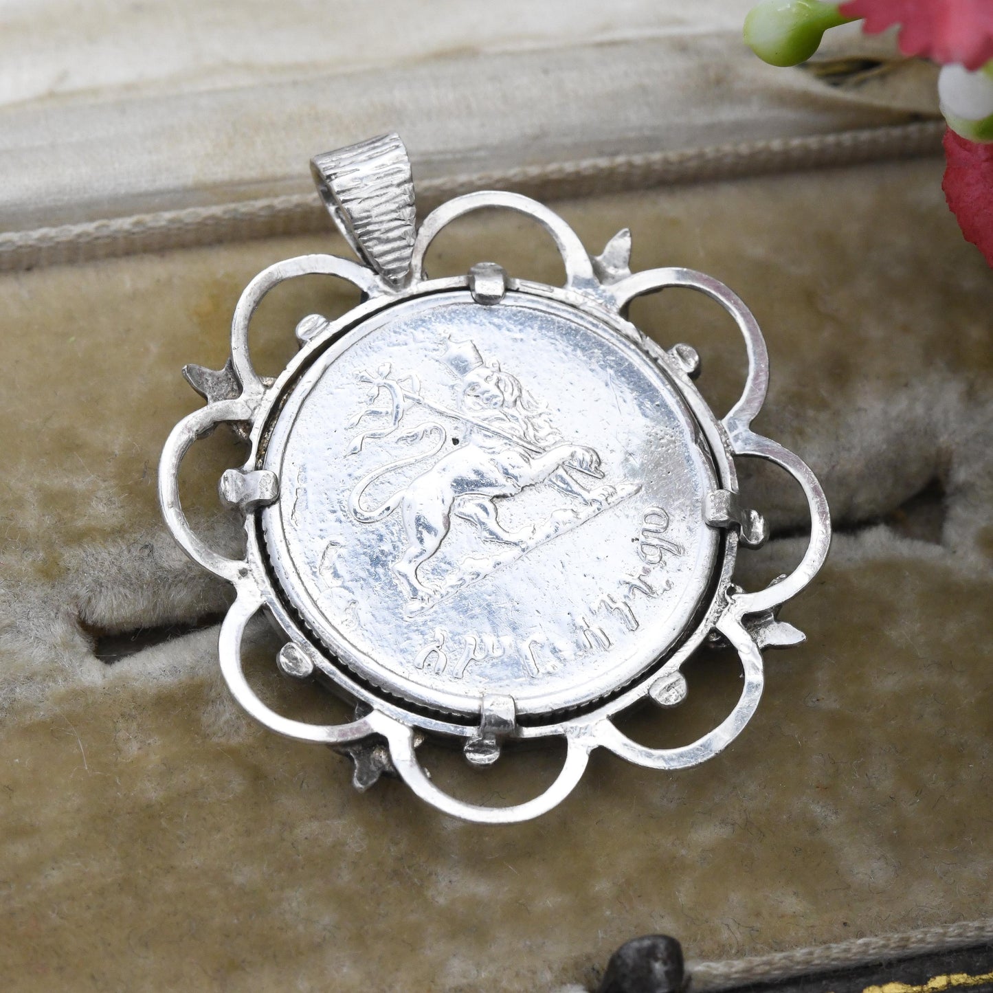 Vintage Silver Haile Selassie Coin Pendant 1930 - Ethiopian Coin Souvenir Emperor of Ethiopia | Crowned Lion of Judah Holding Ribboned Cross