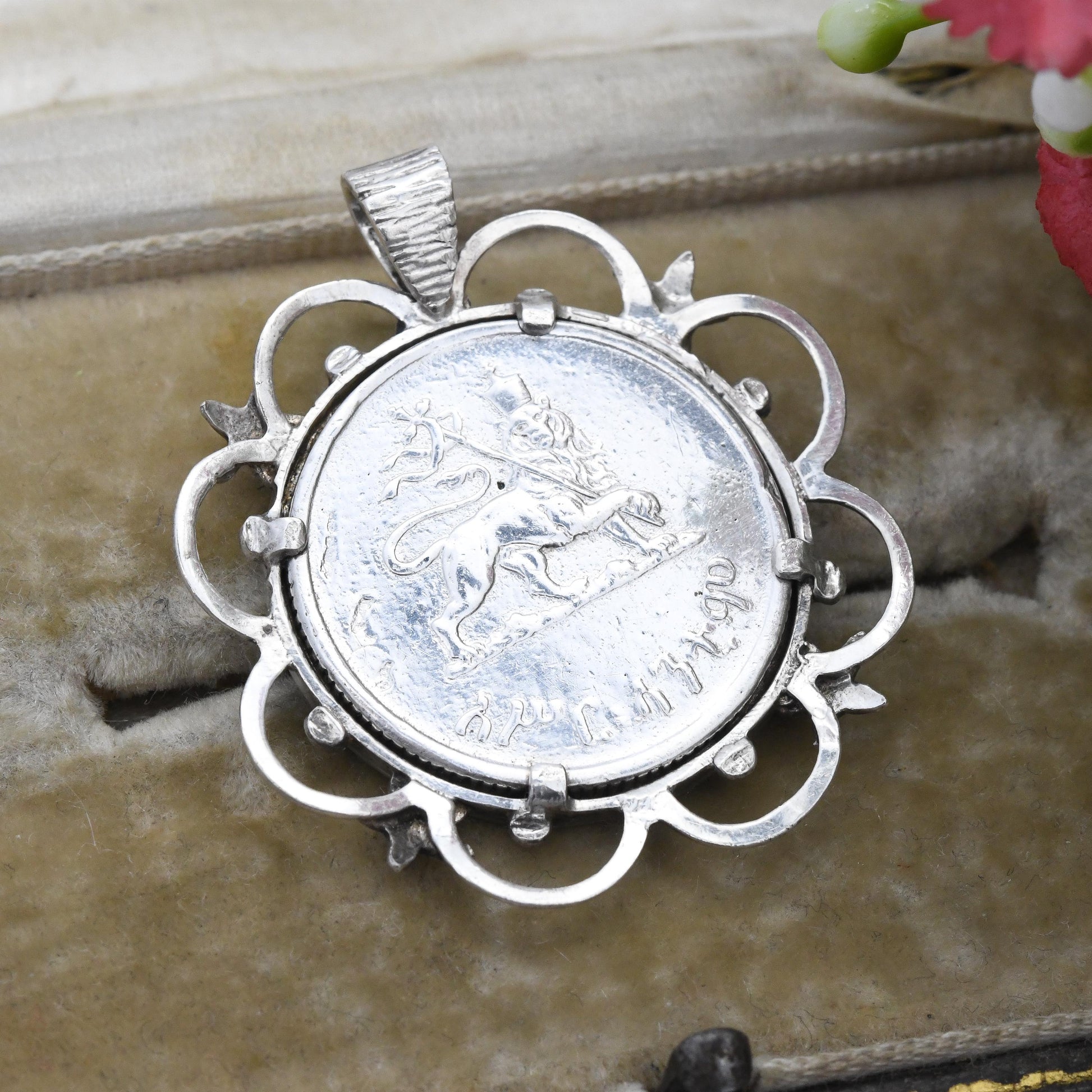 Vintage Silver Haile Selassie Coin Pendant 1930 - Ethiopian Coin Souvenir Emperor of Ethiopia | Crowned Lion of Judah Holding Ribboned Cross