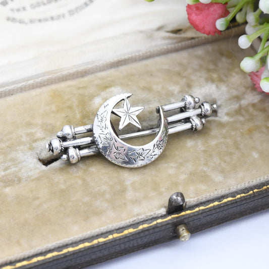 Antique Victorian Sterling Silver Moon and Star Brooch with Hand Engraved Ivy Leaf Design Crescent Moon