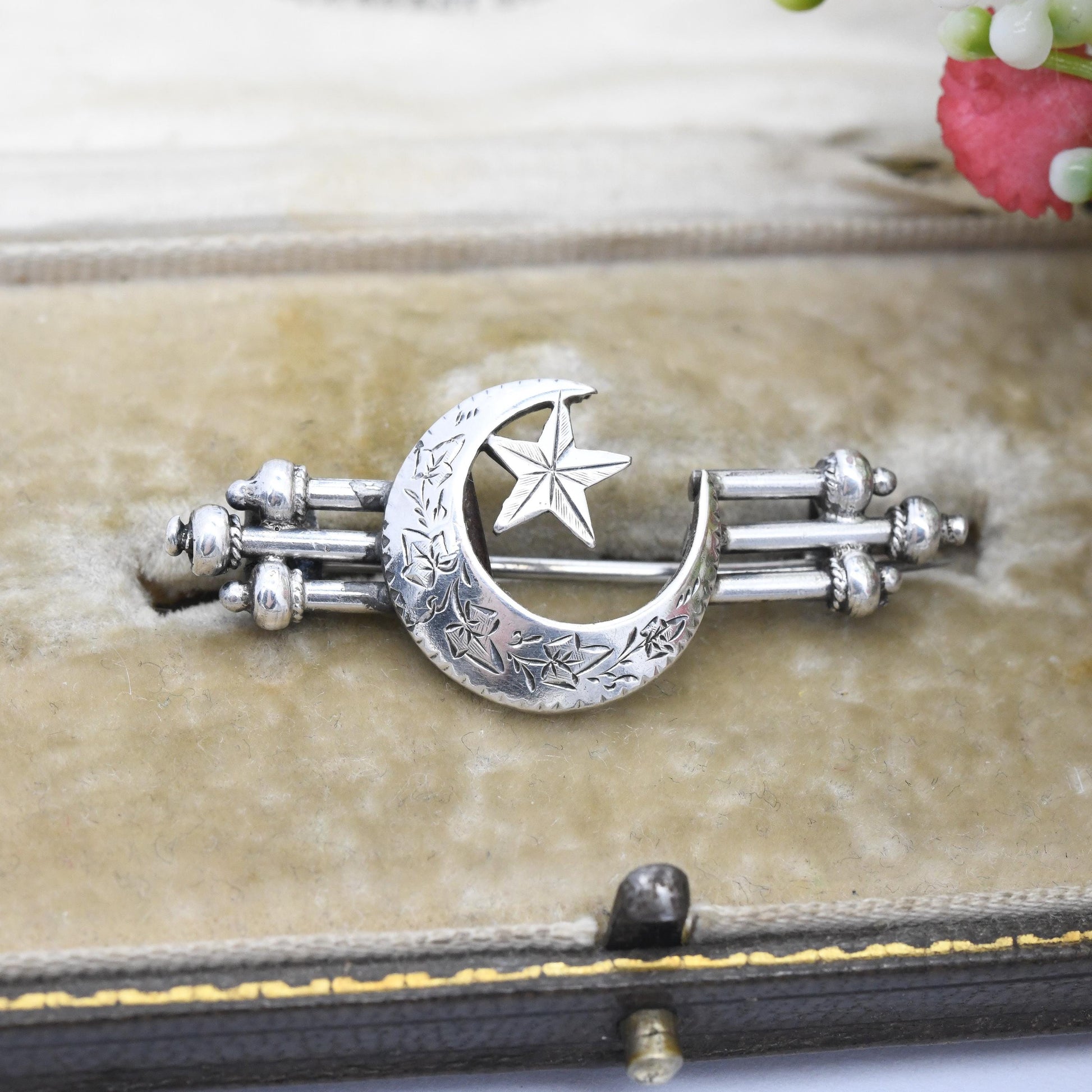 Antique Victorian Sterling Silver Moon and Star Brooch with Hand Engraved Ivy Leaf Design Crescent Moon